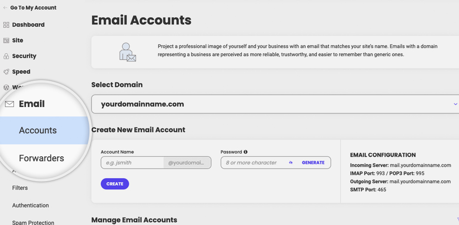 Section E-mail dans Site Tools 