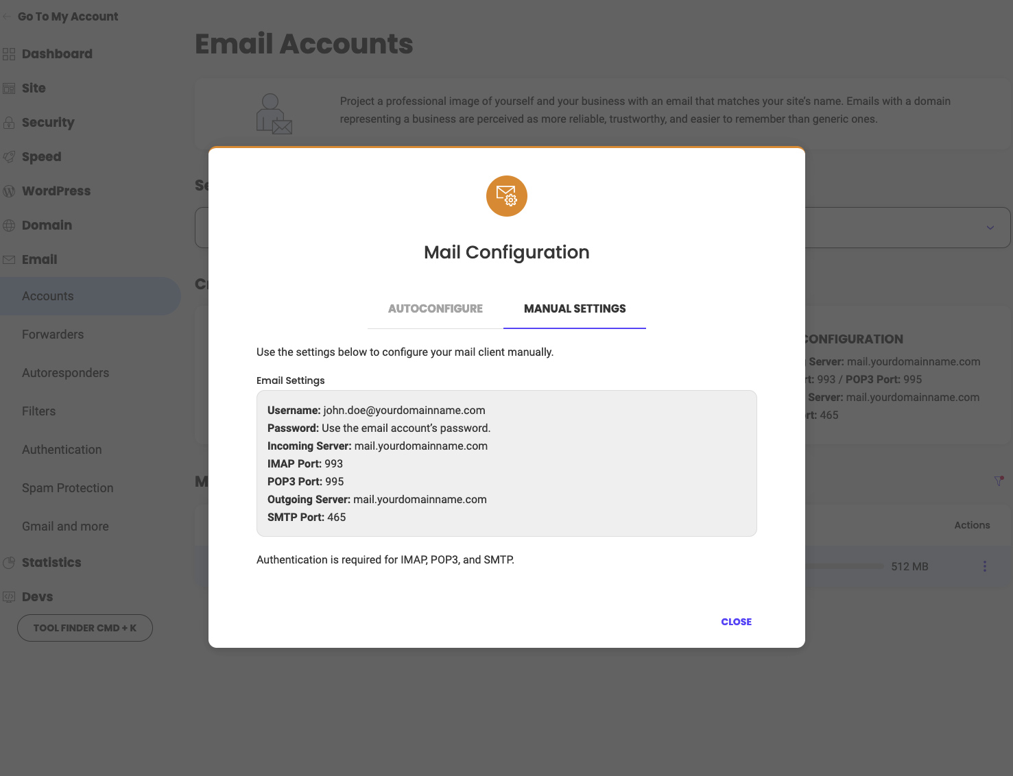 Paramètres manuels pour la configuration de l'e-mail