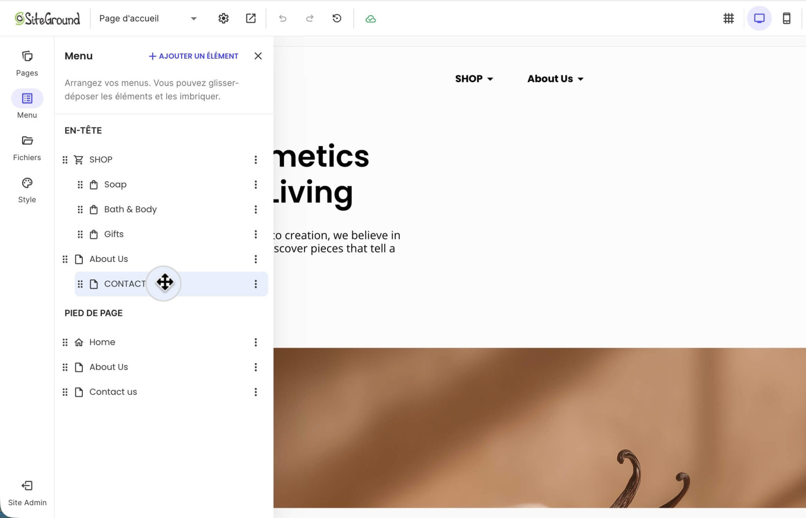 Création d'un sous-menu d'en-tête dans le menu d'en-tête en imbriquant un élément de menu sous un élément parent