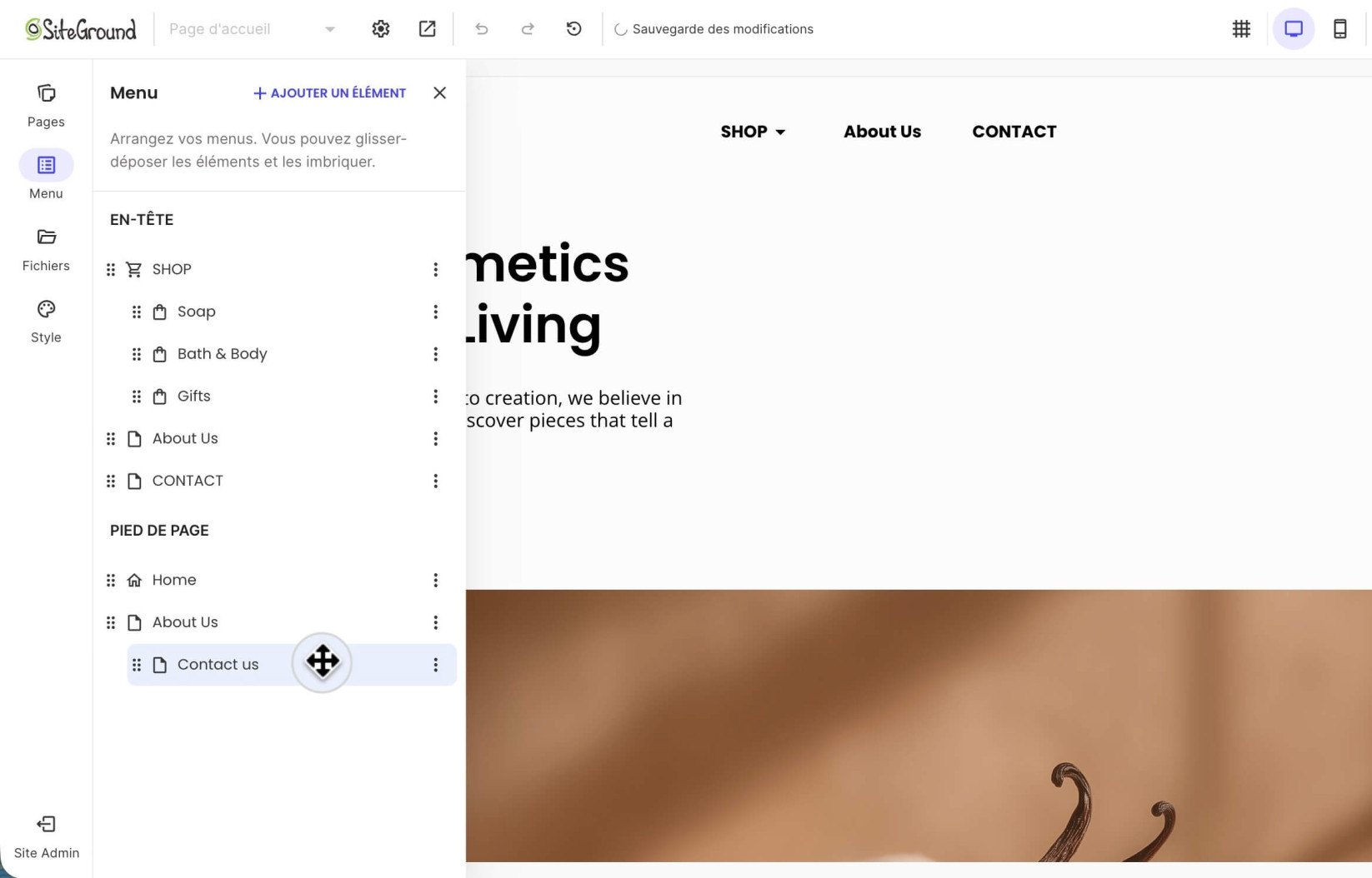Création d'un sous-menu de pied de page dans le menu d'en-tête en imbriquant un élément de menu sous un élément parent