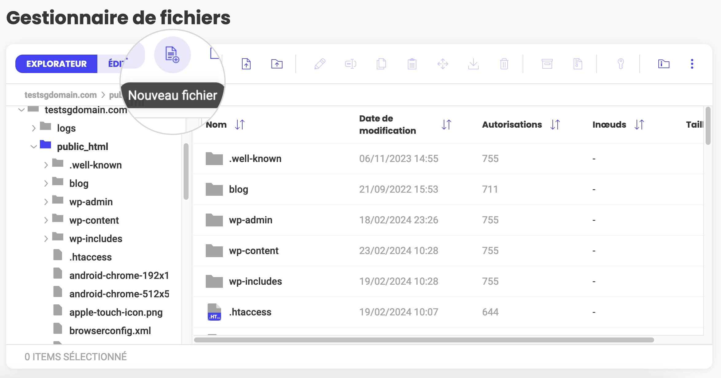 Création d'un nouveau fichier dans l'interface du gestionnaire de fichiers d'hébergement WordPress.