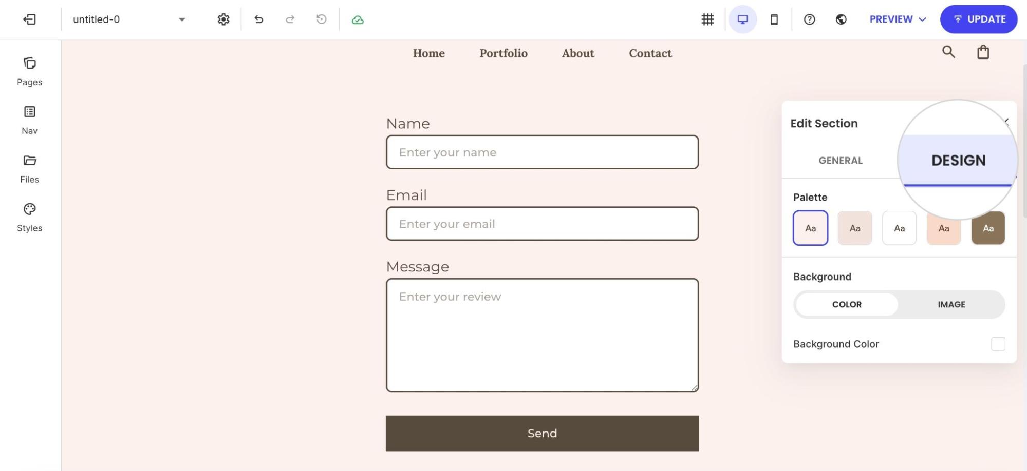 Using the Design tab in the Edit Section panel to customize the background color and palette of a website form.