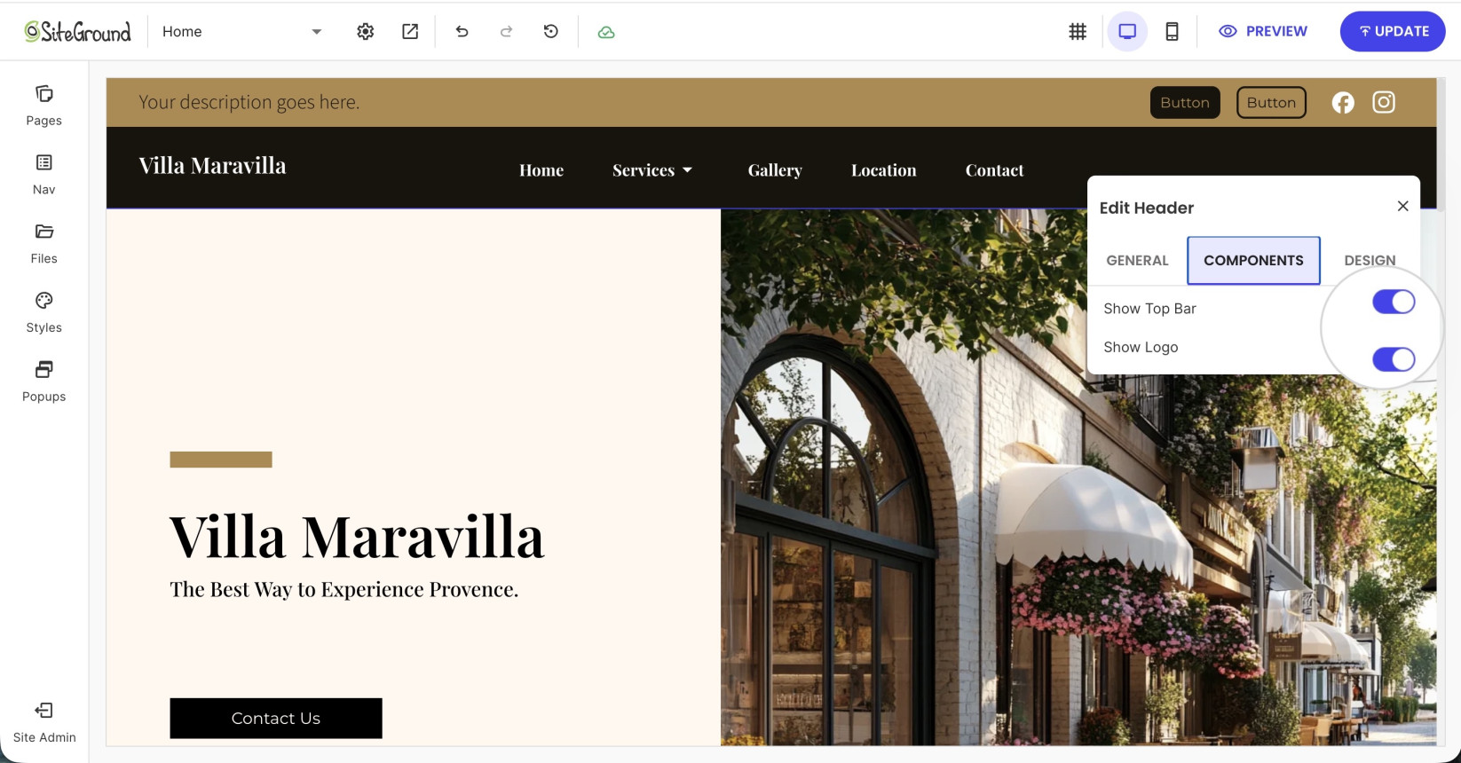Header settings panel with Components tab showing toggle options