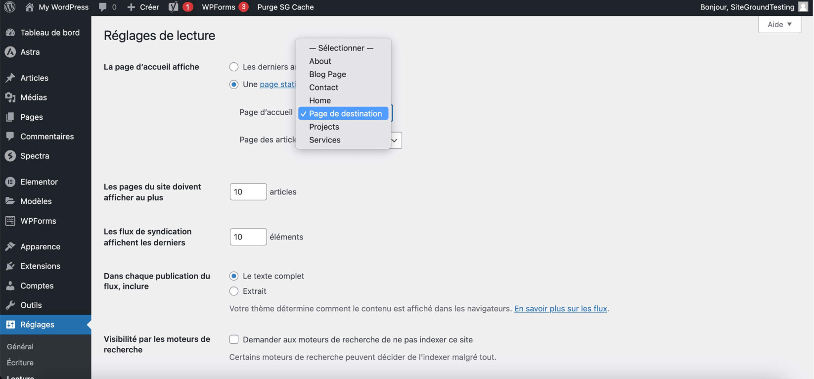Capture d’écran montrant comment définir votre nouvelle page comme page d’accueil de WordPress