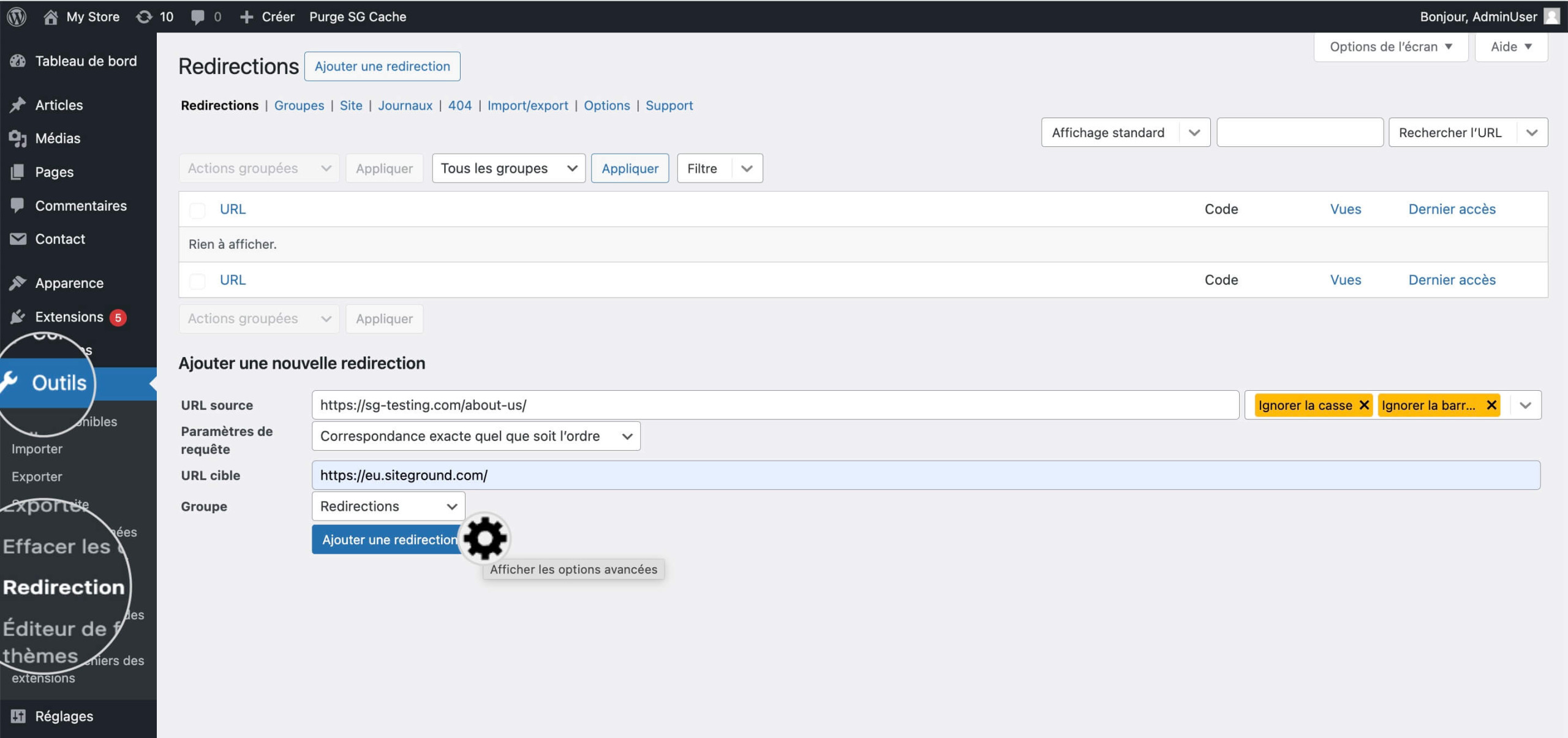 Définition d'une redirection 308 dans le plugin Redirection dans WordPress
