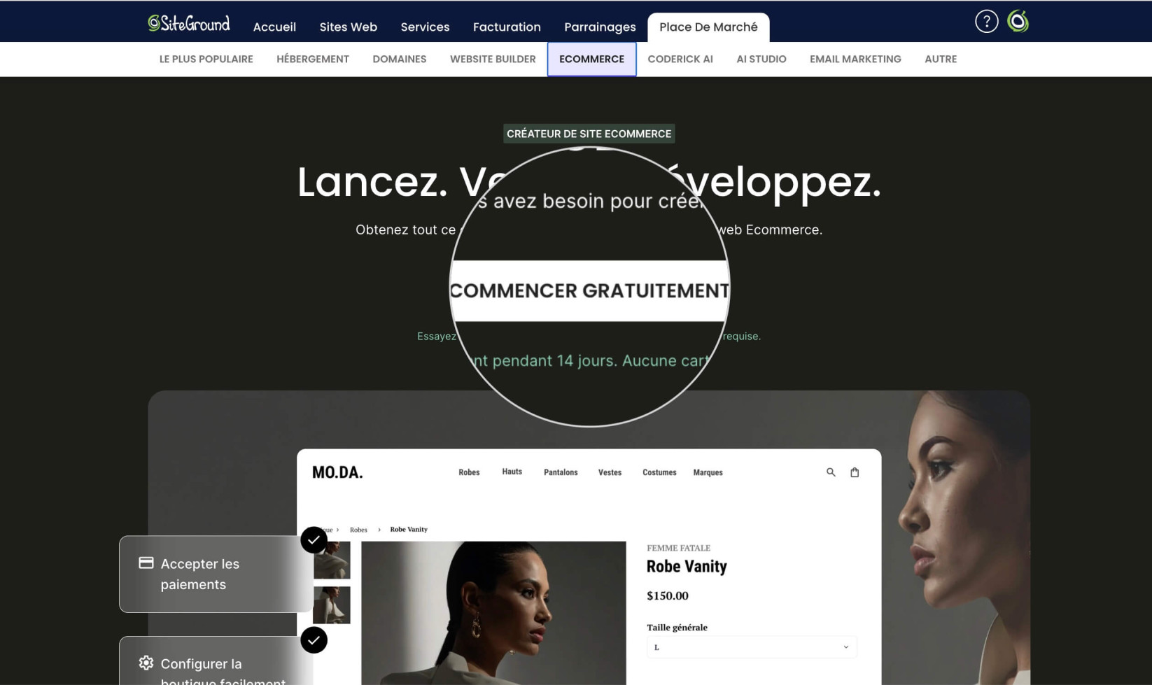 Bouton Commencer gratuitement dans l'onglet Ecommerce de la section Place de marché dans l'Espace Client de SiteGround
