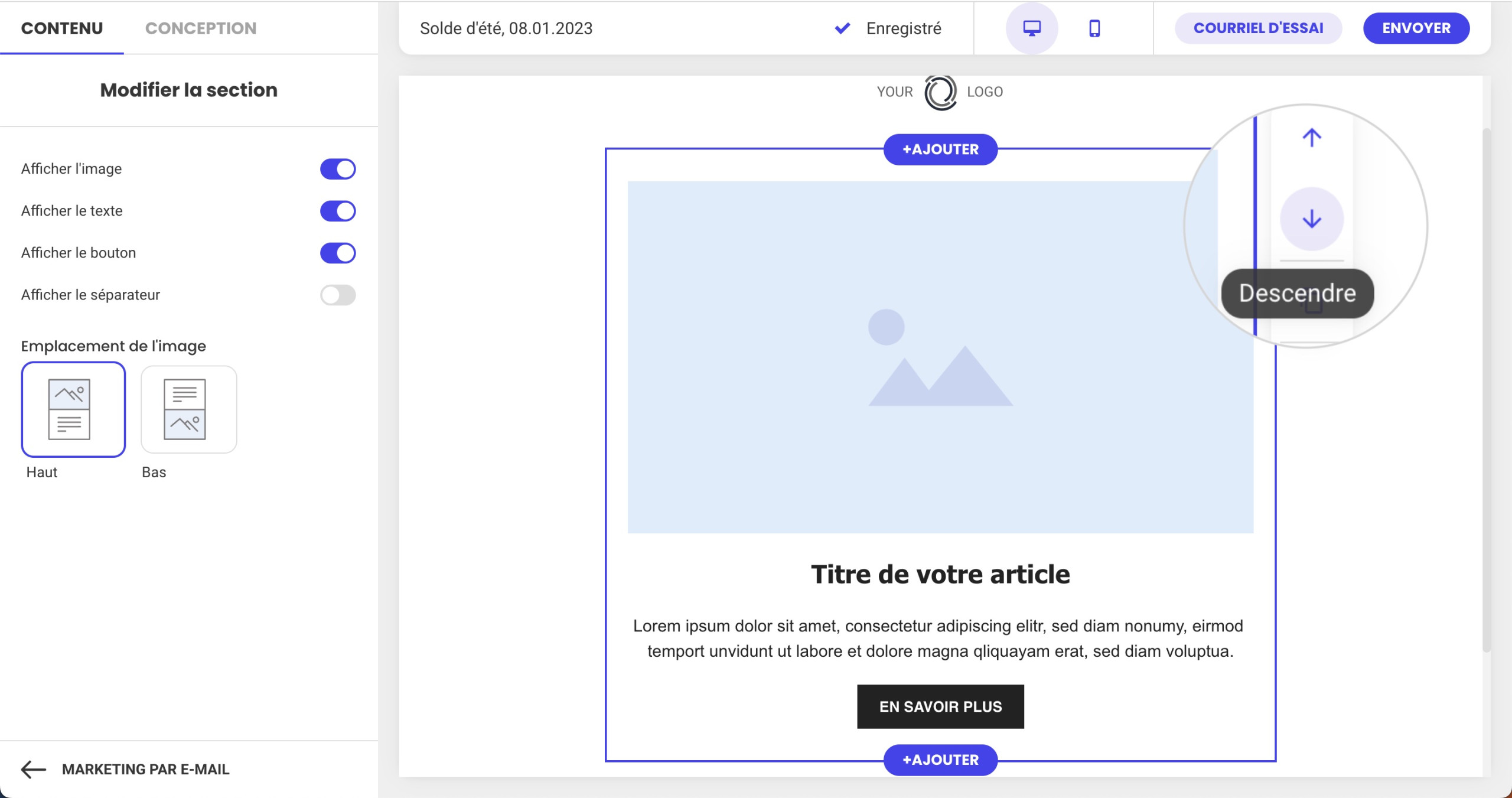 Capture d'écran montrant comment utiliser les boutons Descendre et Déplacer vers le haut