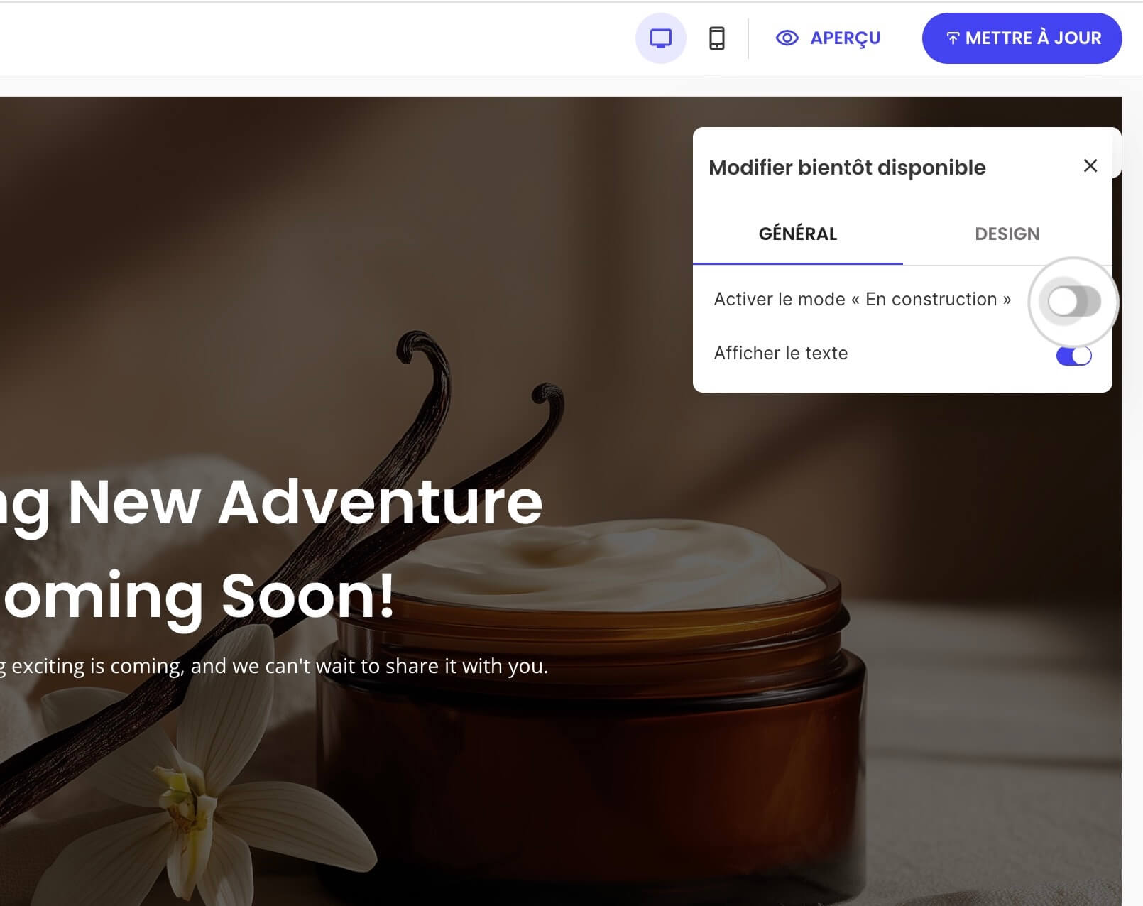 Bouton Activer le mode « Bientôt disponible »» qui est désactivé pour désactiver la page Coming Soon