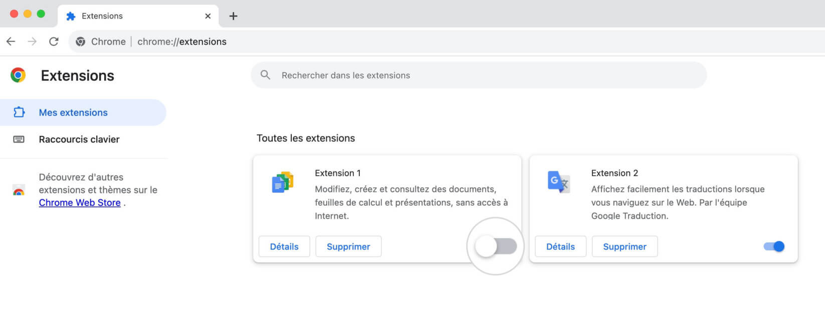 Menu des extensions dans Chrome