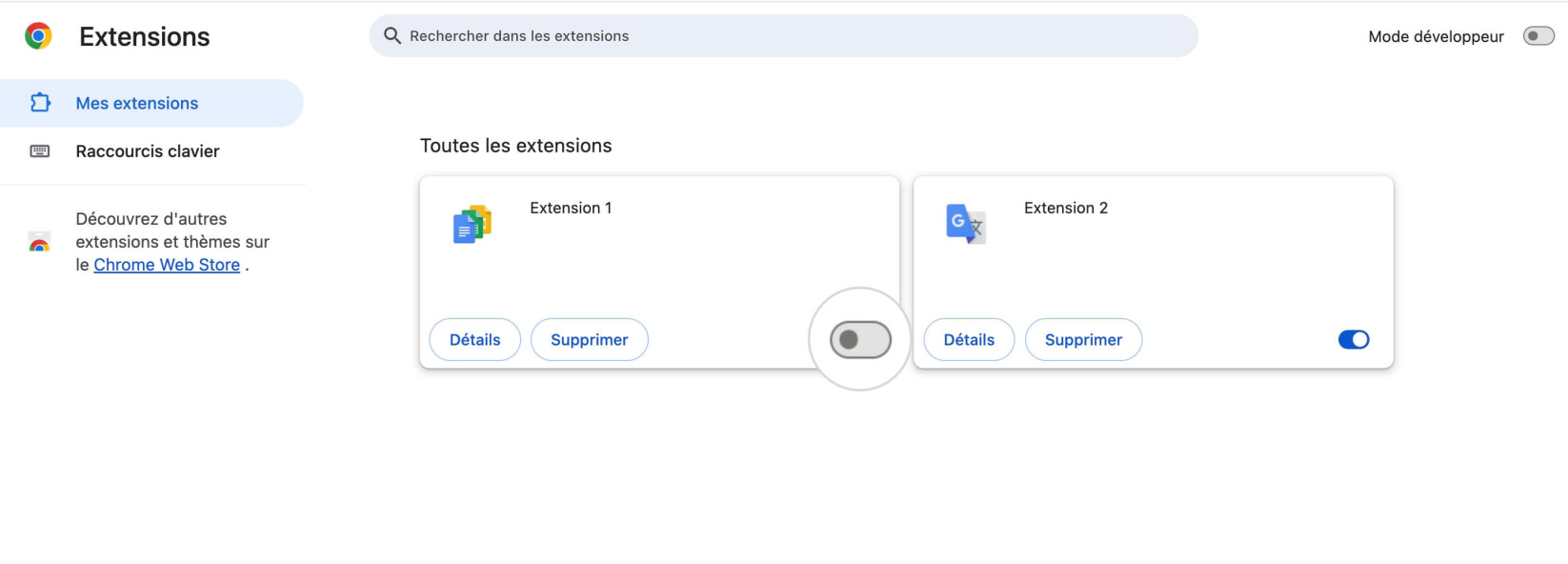 Liste des extensions installées dans Google Chrome affichant le bouton bascule ON/OFF pour désactiver les extensions
