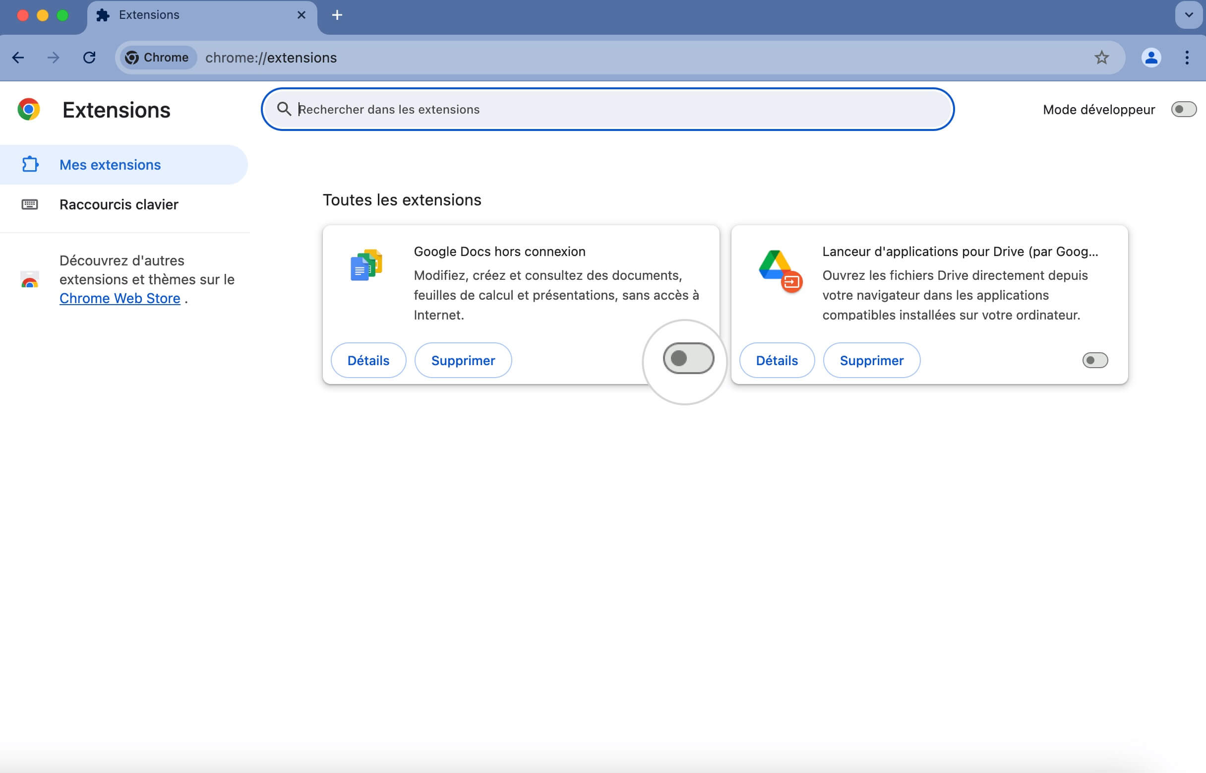 Page Gérer les extensions Chrome affichant les extensions de navigateur installées et les boutons bascule pour les désactiver afin de résoudre les erreurs de certificat SSL.