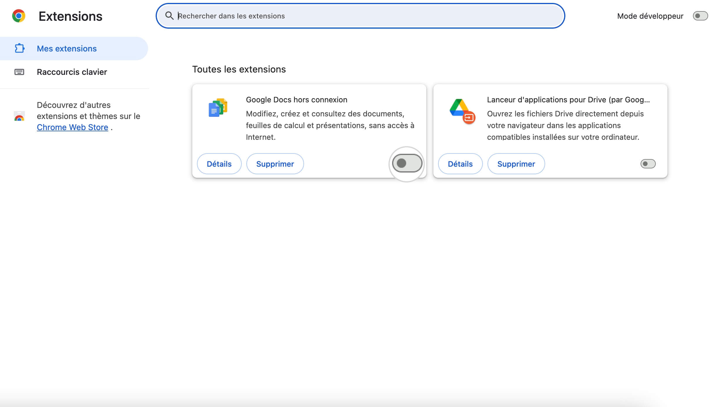 Capture d'écran montrant comment désactiver les extensions de Chrome