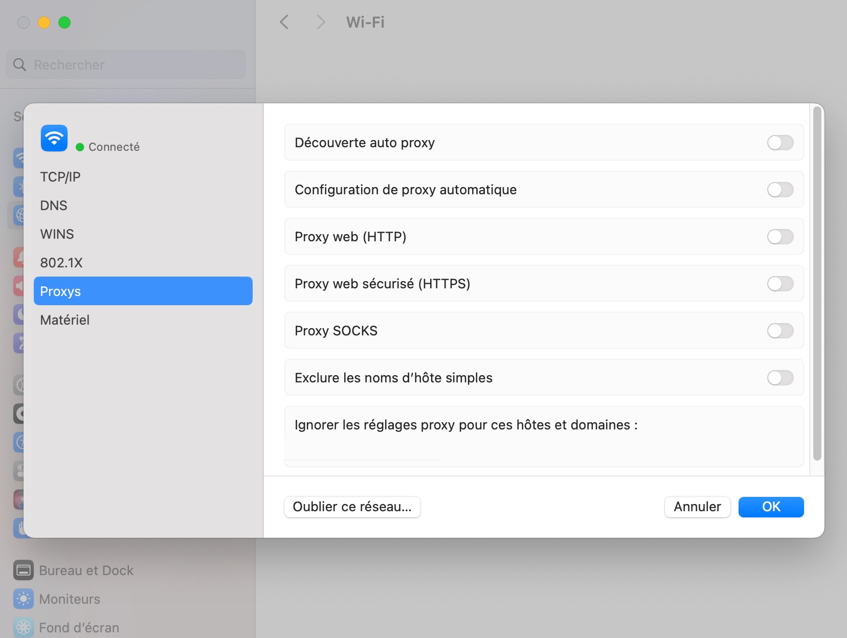 Capture d'écran montrant que tous les paramètres proxy sur un système d'exploitation Mac sont désactivés