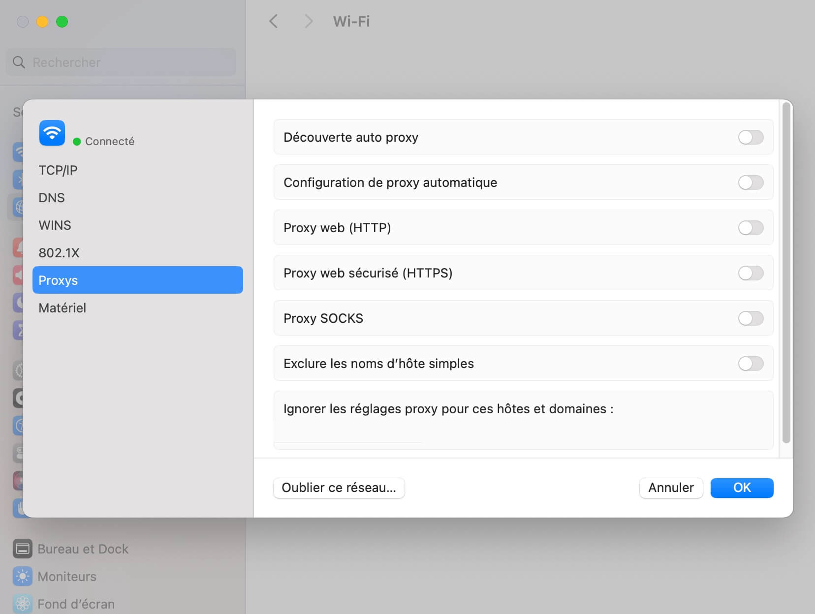 Les paramètres du proxy Mac OS s'affichent comme désactivés