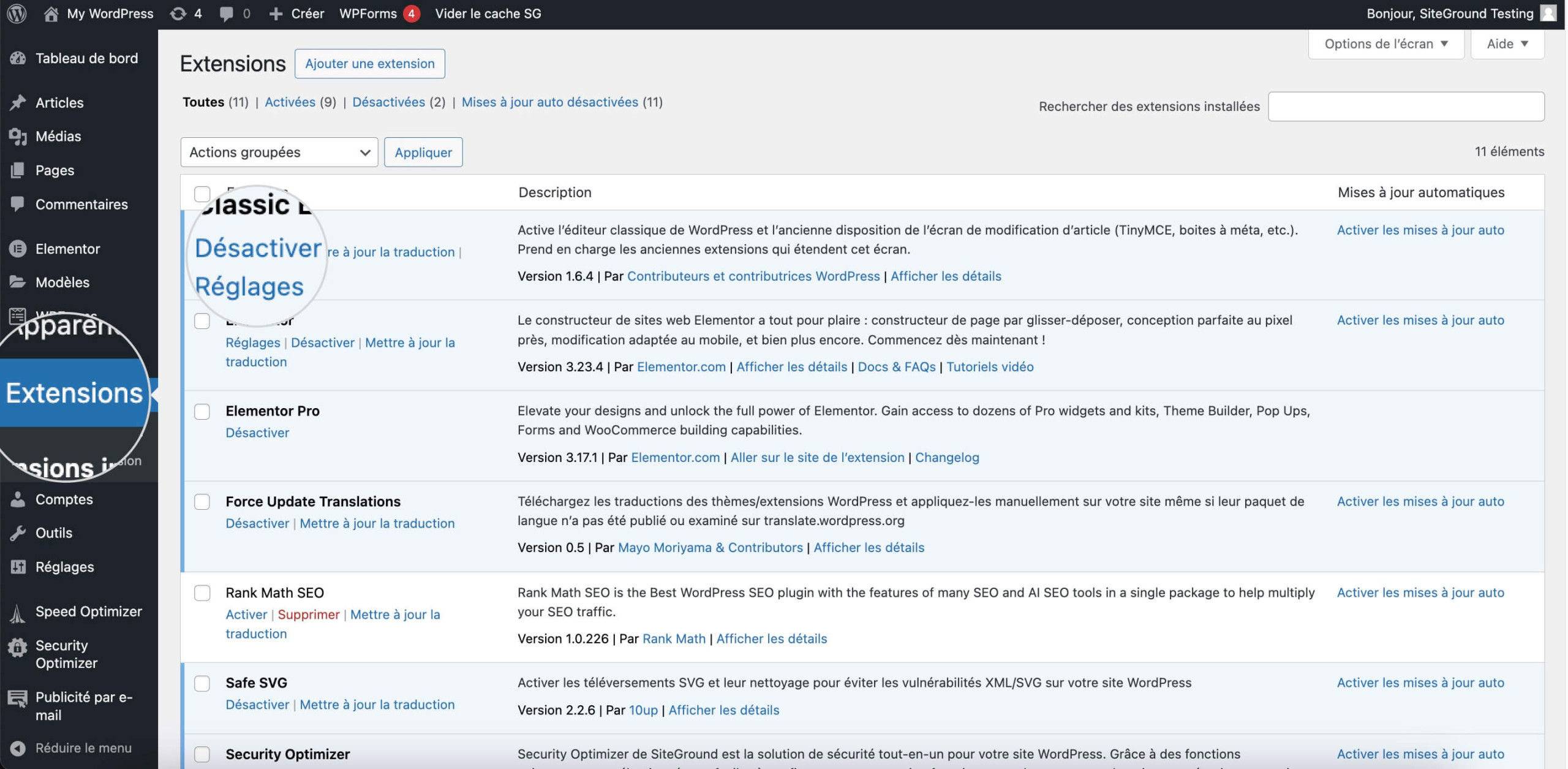 Capture d'écran montrant comment désactiver les plugins depuis le tableau de bord WordPress