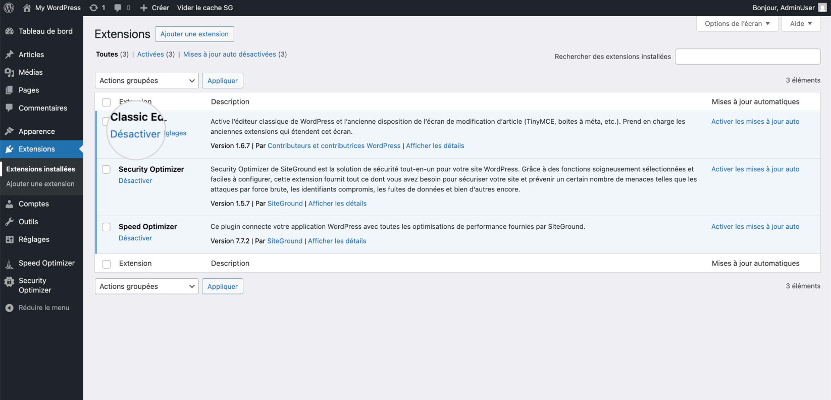 Désactiver les plugins dans WordPress

