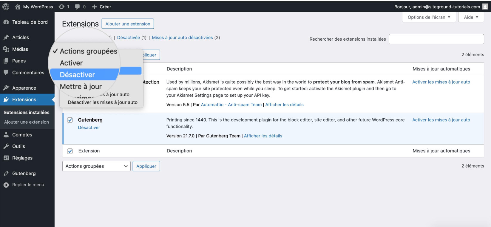 Désactiver les plugins depuis le tableau de bord WordPress - Comment désactiver en masse
