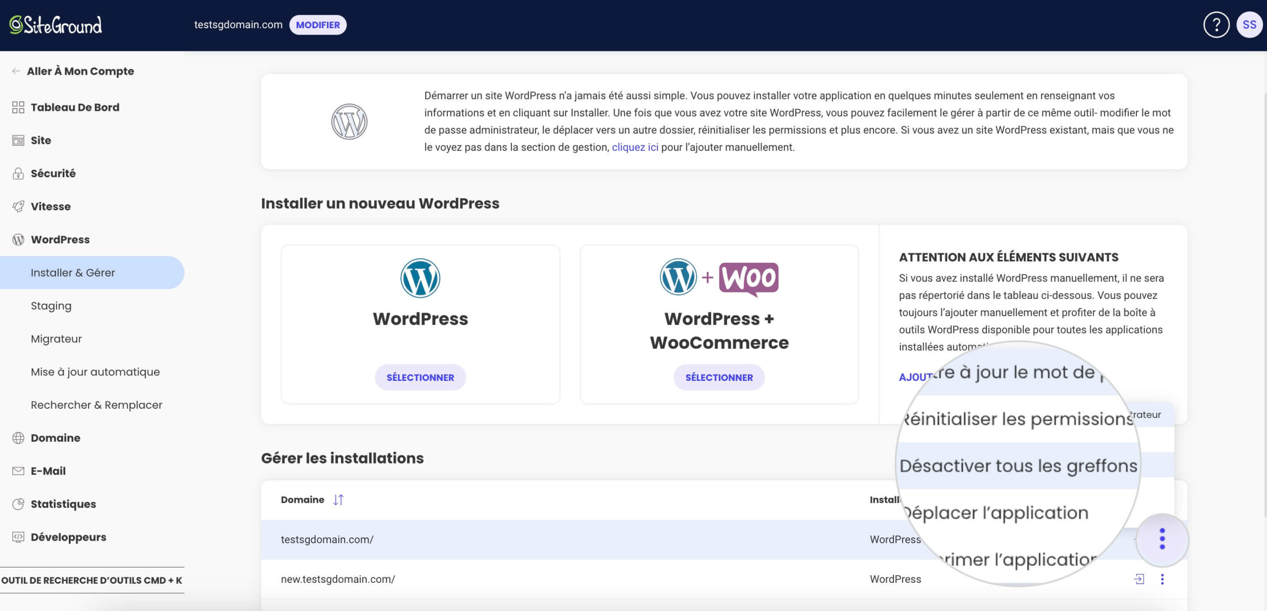 Capture d'écran montrant comment désactiver tous les plugins WordPress à la fois à partir de SiteGround Site Tools