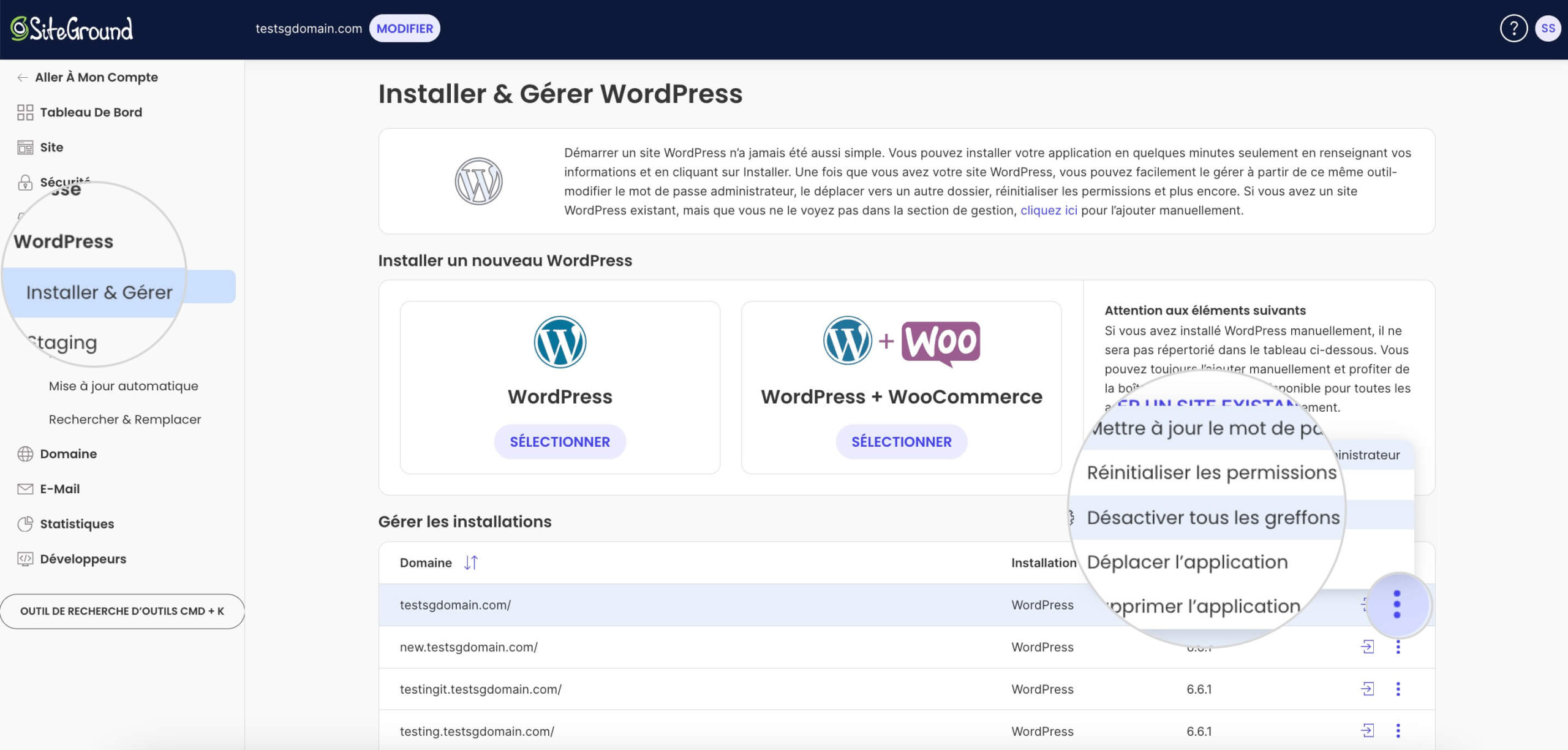 Capture d'écran montrant comment désactiver tous les plugins WordPress dans vos outils de site SiteGround