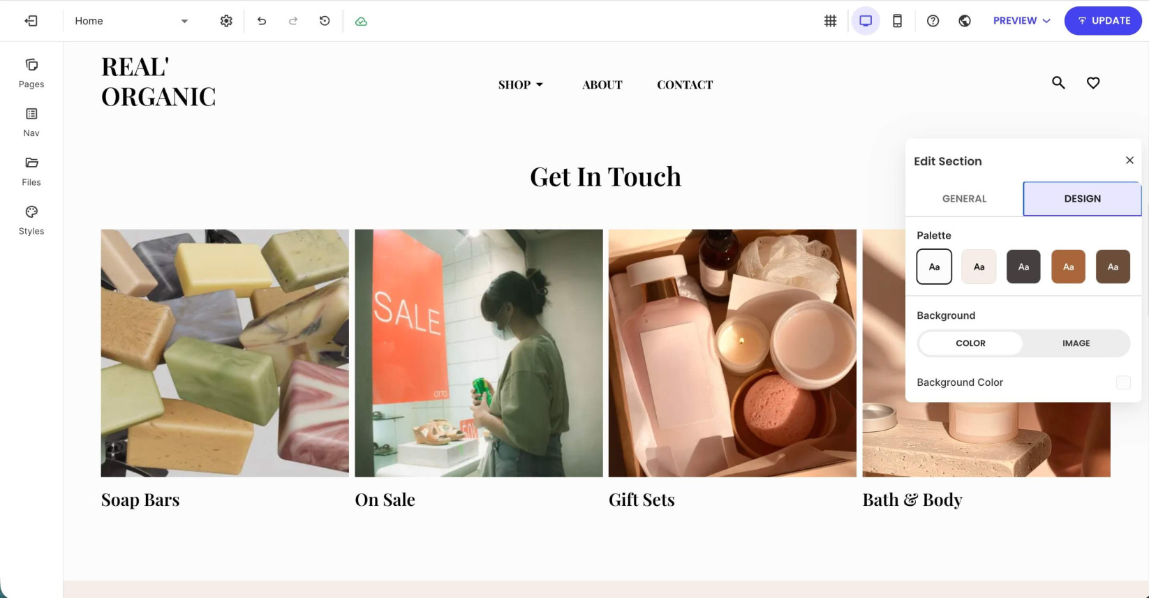 A section in Ecommerce website builder that displays the Design settings 