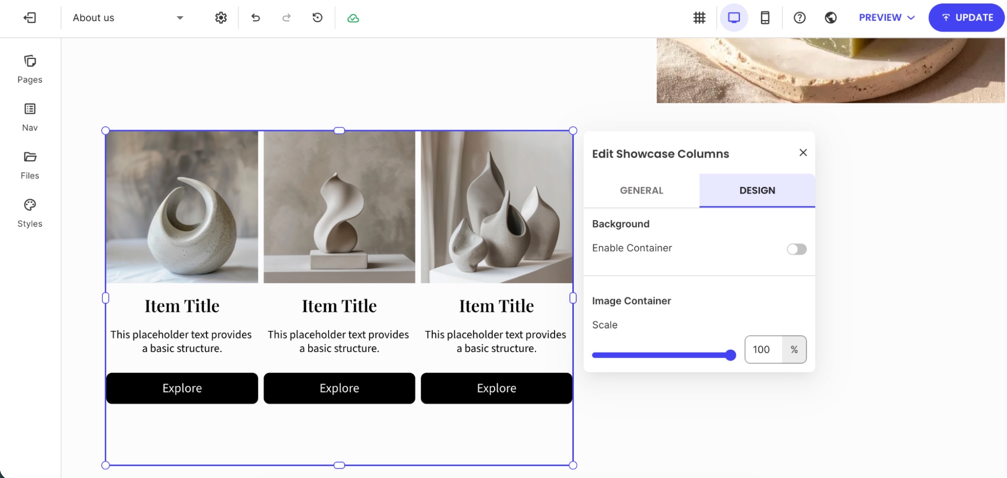 Design tab settings for Showcase Columns component with image scale control