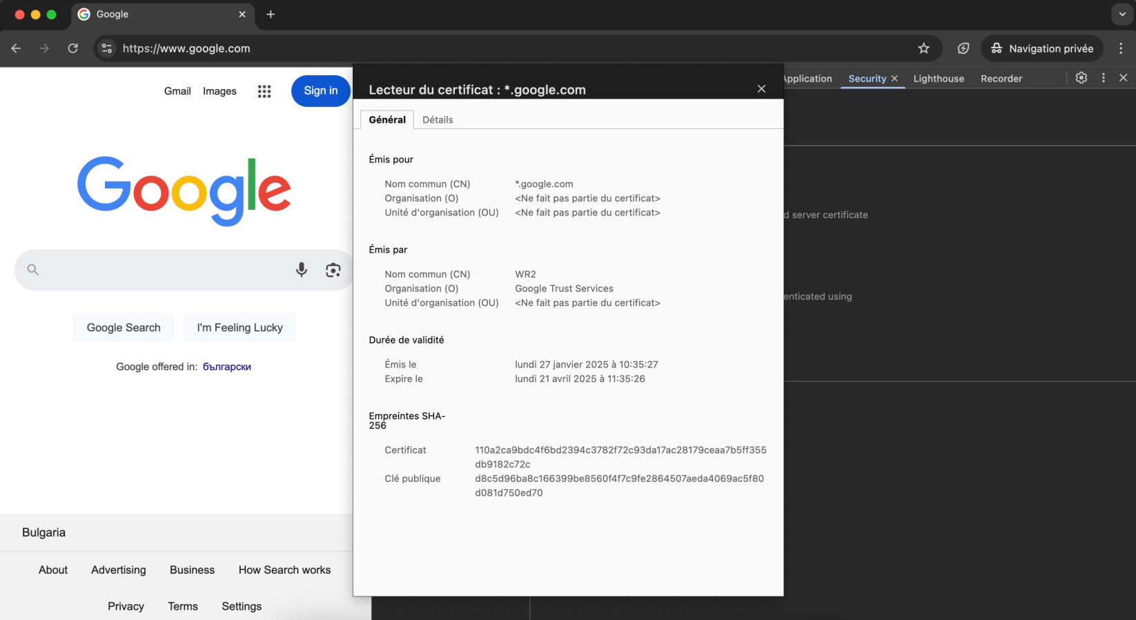 Capture d'écran de la fenêtre des détails du certificat SSL, que vous pouvez ouvrir depuis le bouton "Afficher le certificat" dans l'onglet Sécurité des outils de développement de Google Chrome.