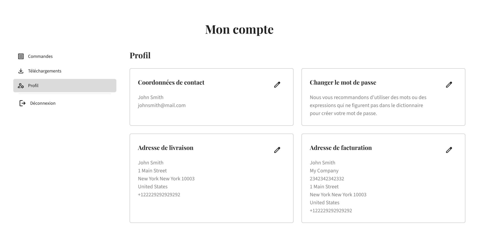 Page de profil “Mon compte” du client affichant les informations de contact, les paramètres de mot de passe, l'adresse de livraison et l'adresse de facturation.