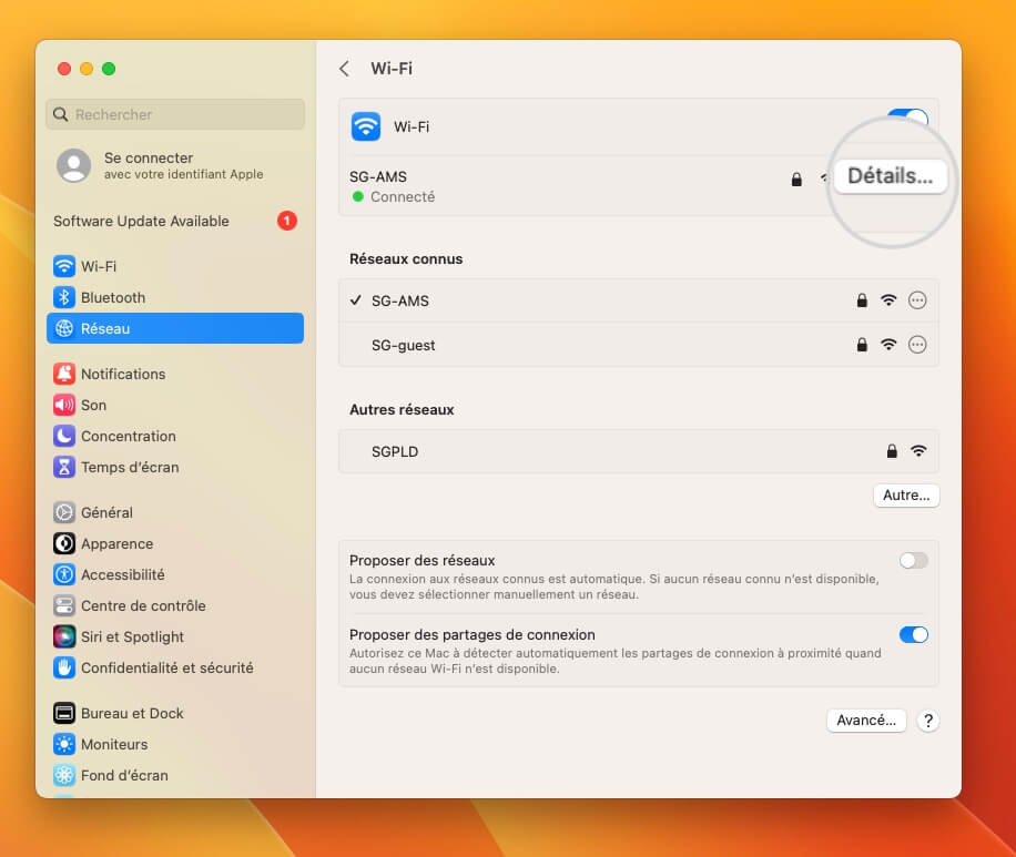 Détails du réseau dans les Réglages Système sur Mac