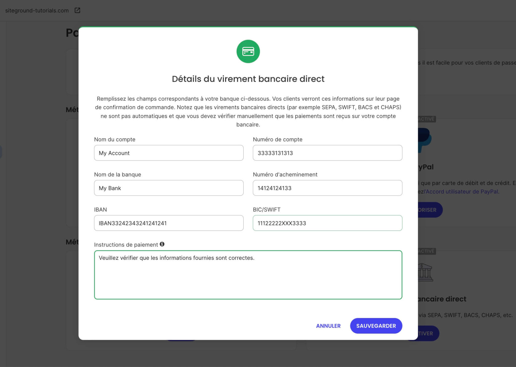 Coordonnées bancaires du propriétaire de la boutique pour le mode de paiement par virement bancaire