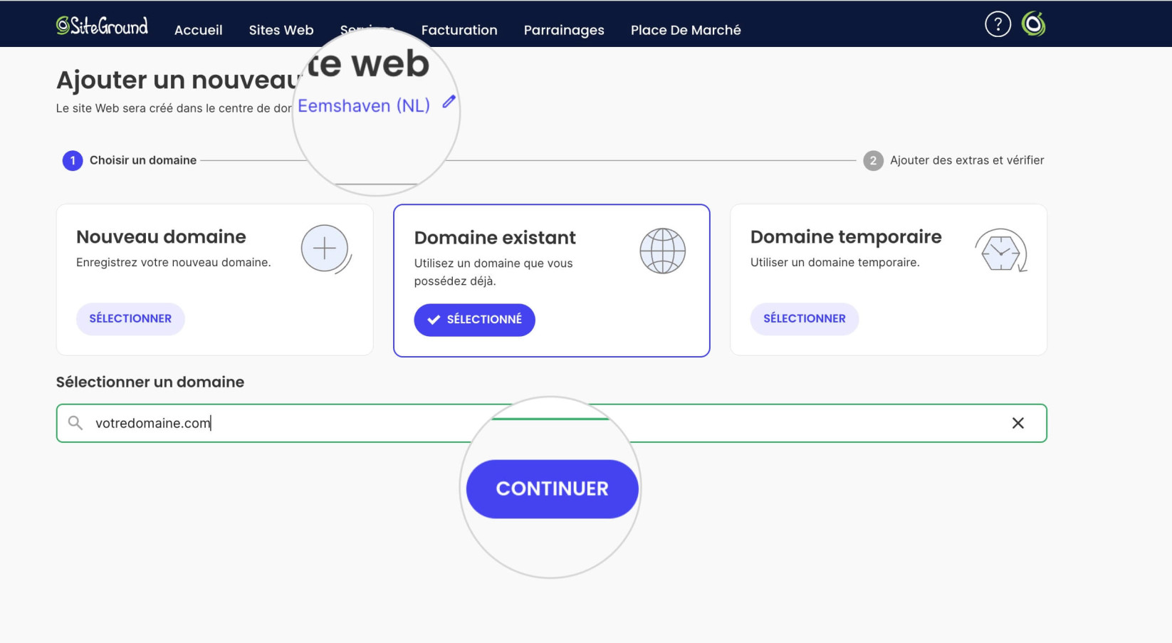 Assistant de nouveau site web montrant les options pour choisir un domaine et un datacenter