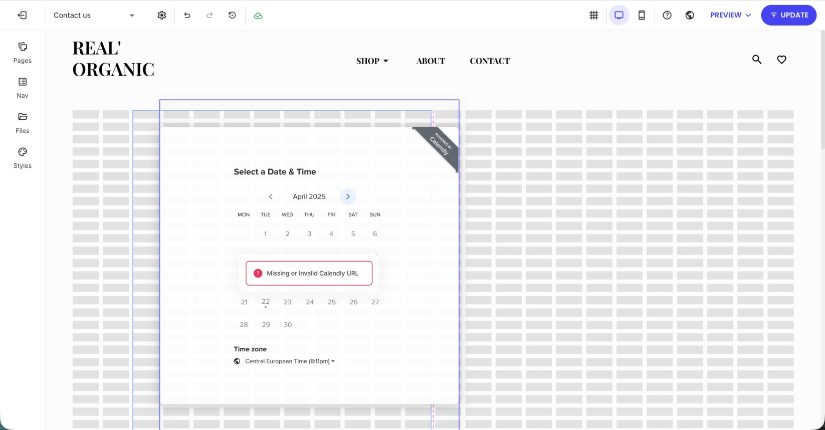 A section's grid area where you can drag and drop a Calendly component