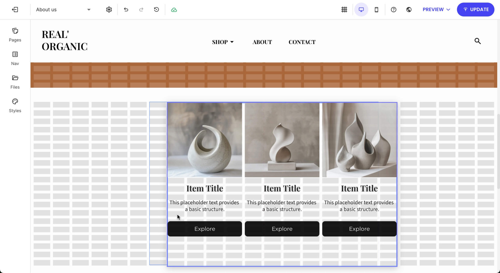 A section's grid area where you can drag and drop a Columns component into the preferred position