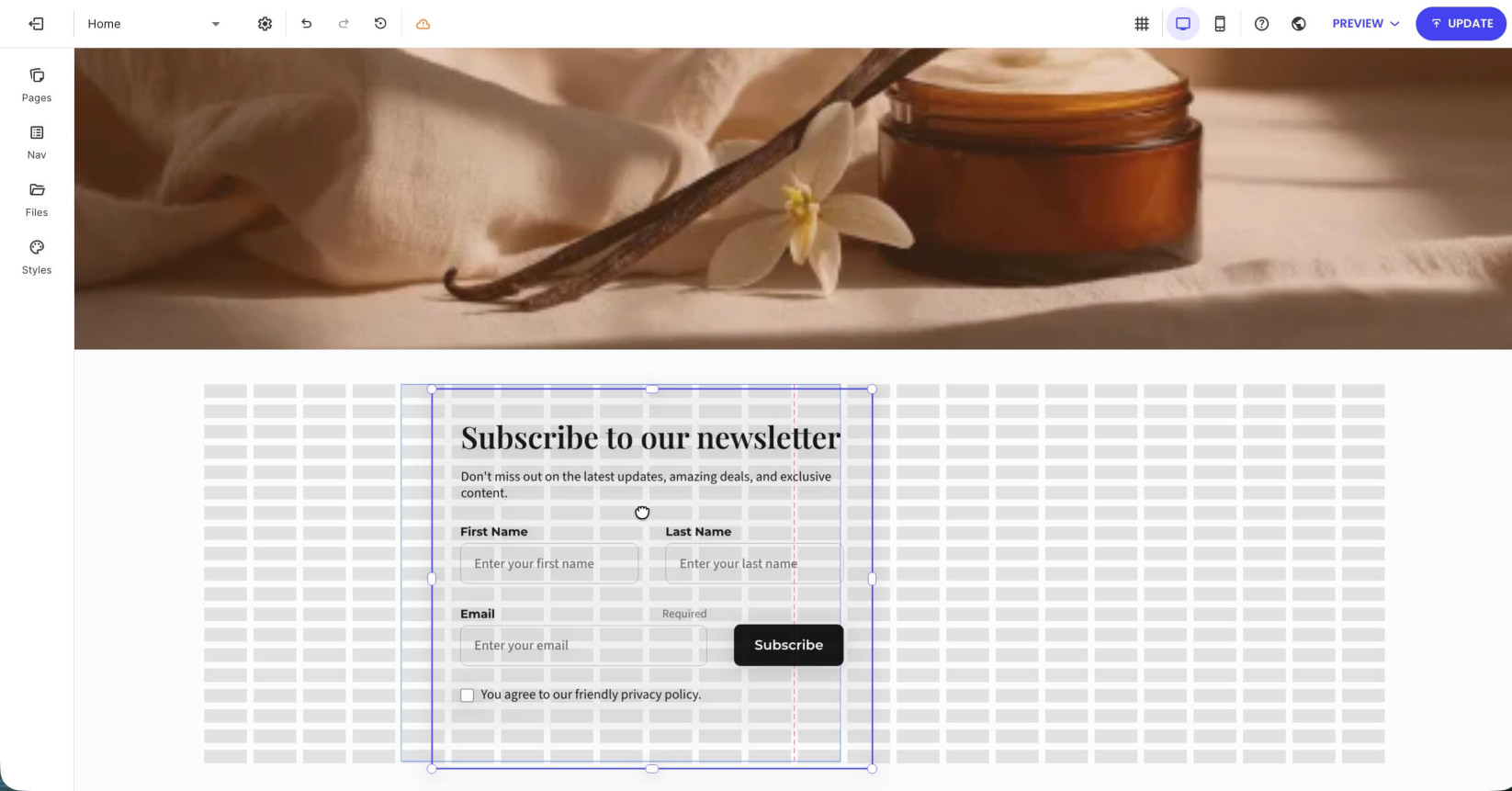 A section's grid area where you can drang and drop a subscription form component 