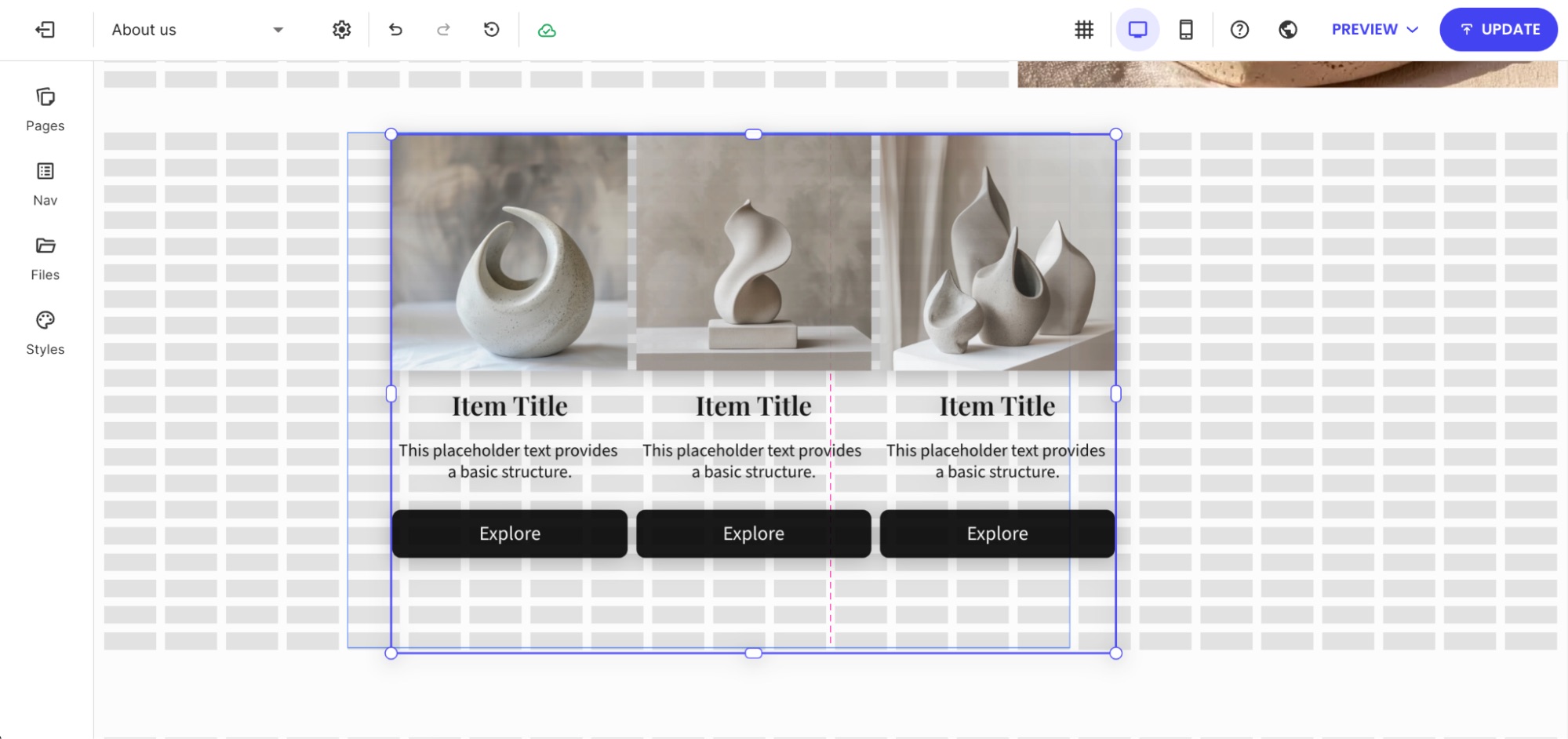 Showcase Columns component being positioned within the page layout grid