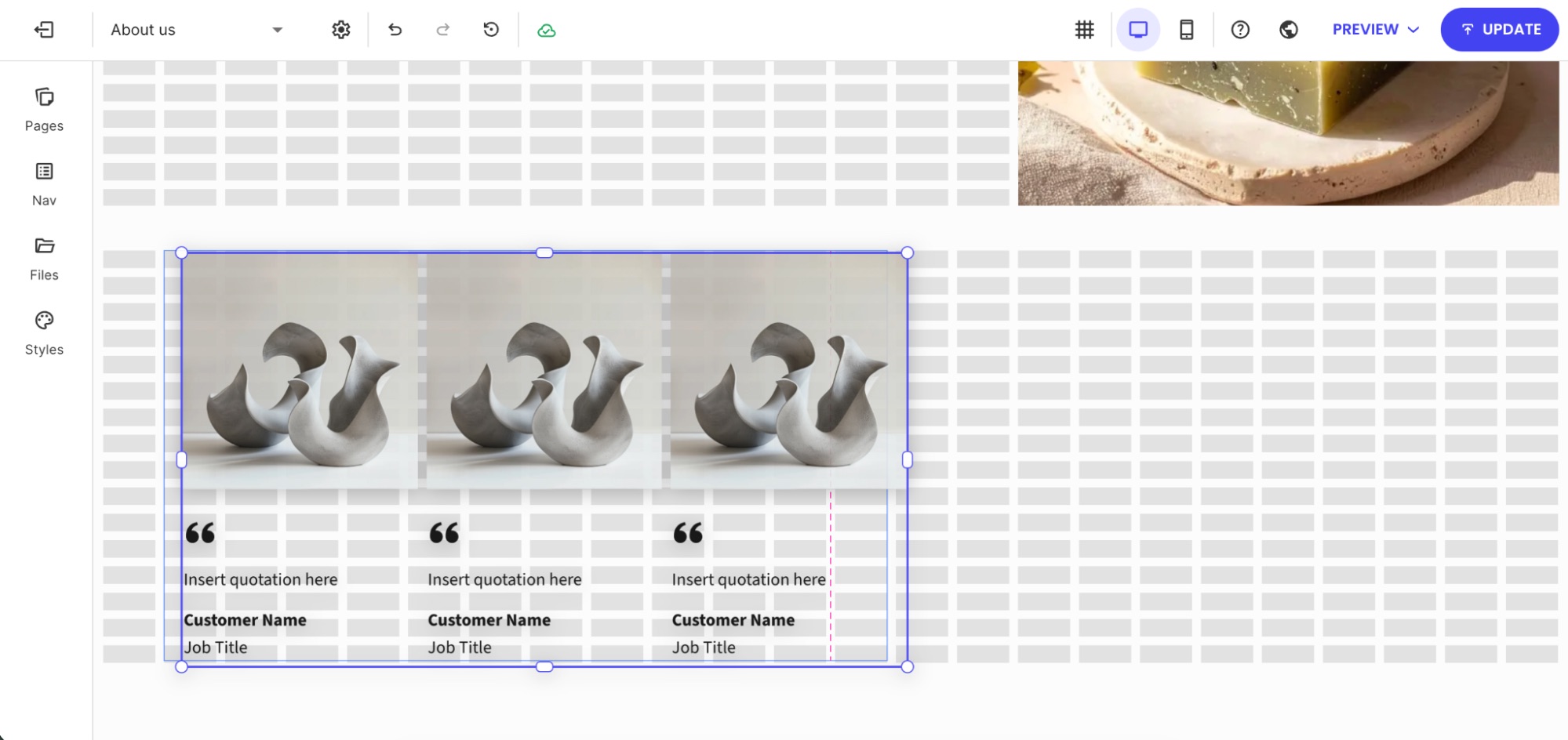 Testimonials component placed on the page canvas with placeholder images and quotation text fields in a three-column layout