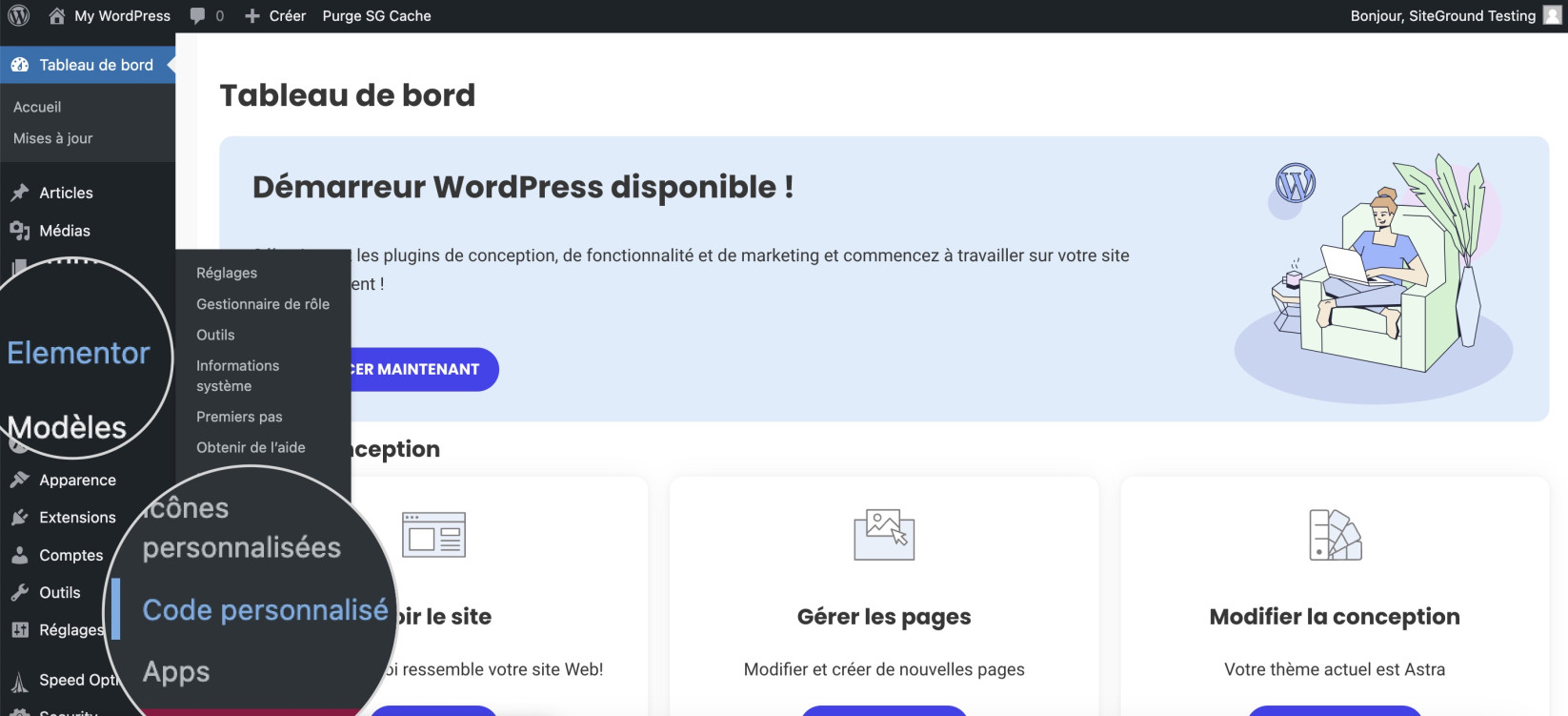 Capture d'écran montrant comment accéder à l'éditeur CSS personnalisé Elementor