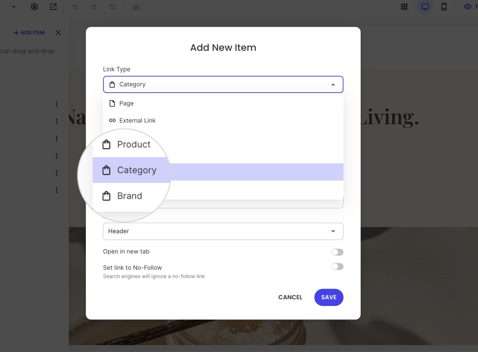 Link Type options for the header menu in Ecommerce 