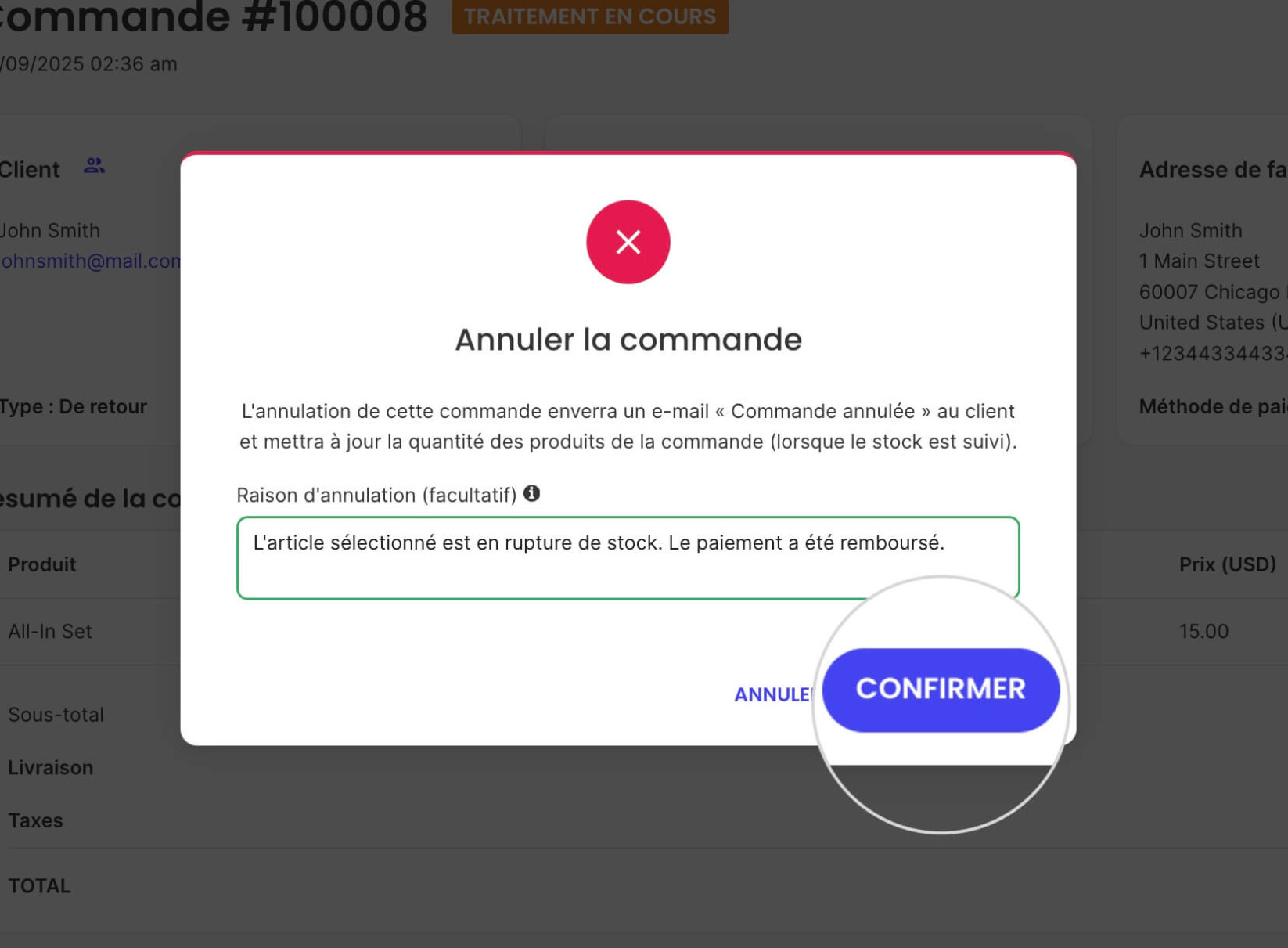 Écran de confirmation d'annulation de commande dans SiteGround Ecommerce