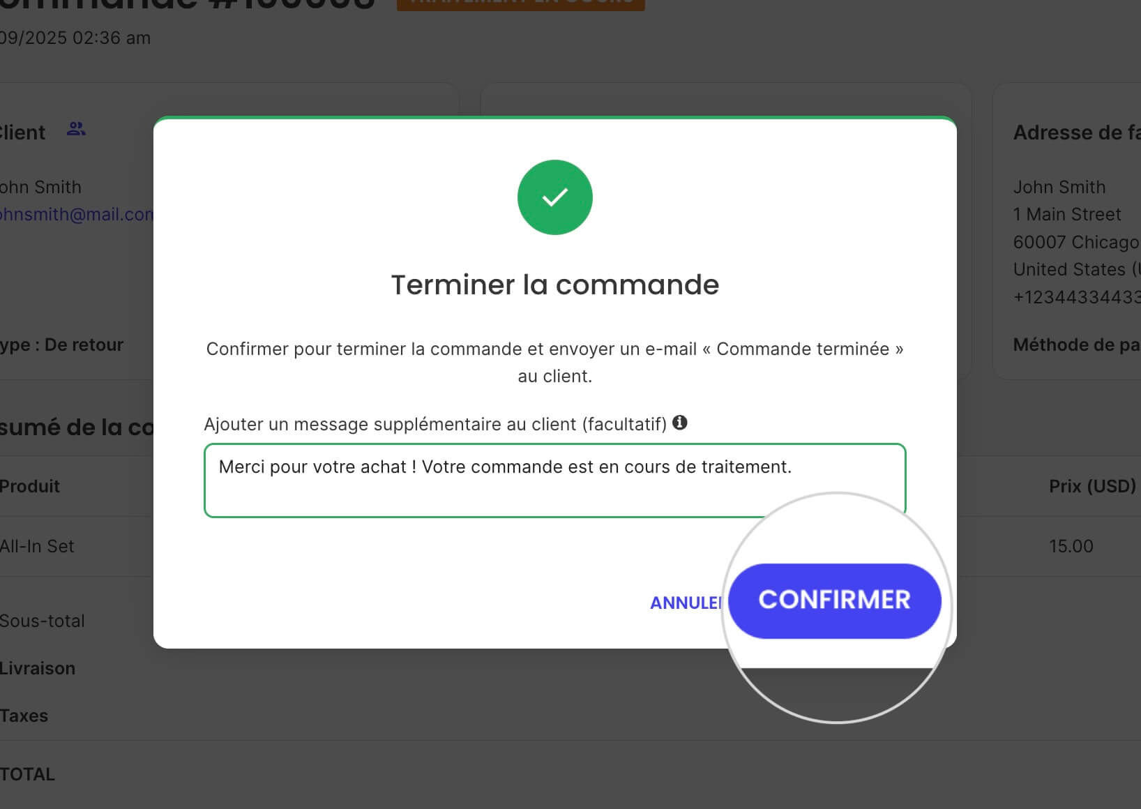 Écran de confirmation de commande dans SiteGround Ecommerce
