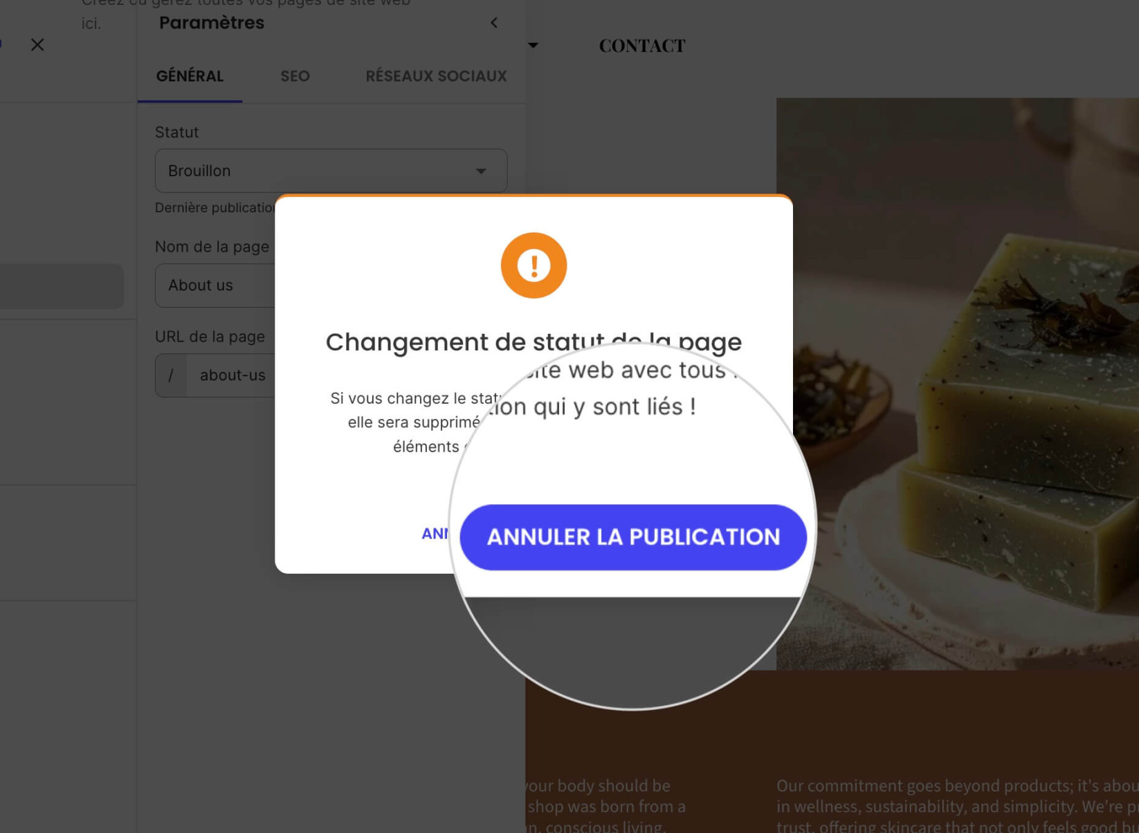 Écran de confirmation pour la dépublication d'une page dans le Website Builder