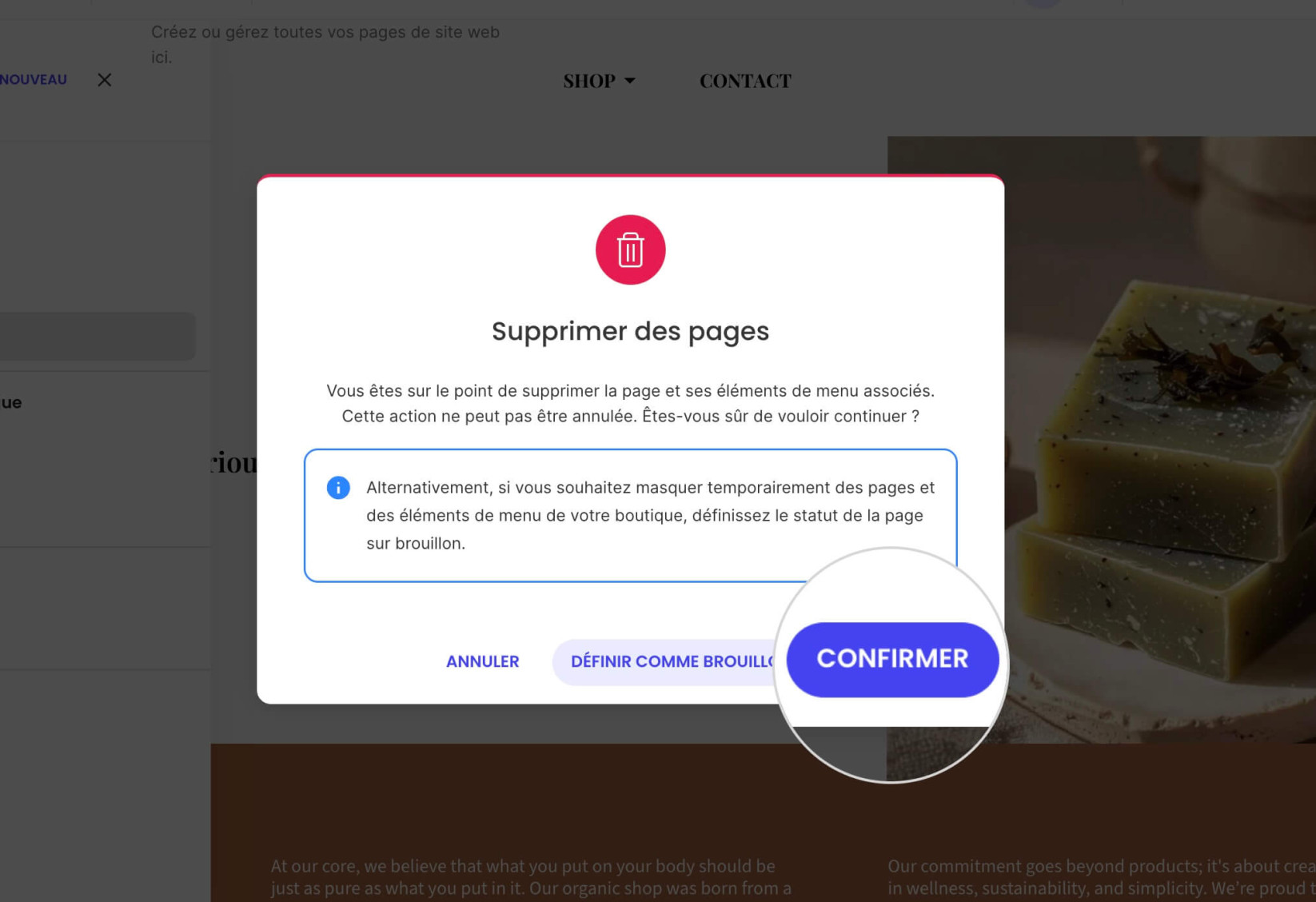 Écran de confirmation pour la suppression d'une page dans Website Builder