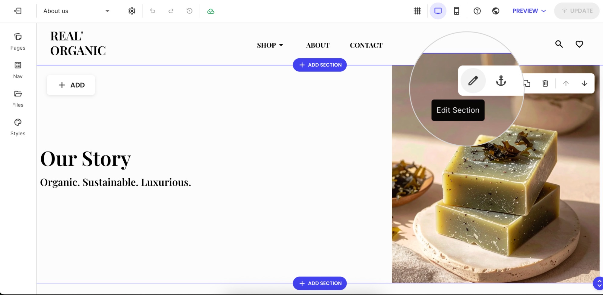 Website builder editor with the About Us section selected and the Edit Section option highlighted.