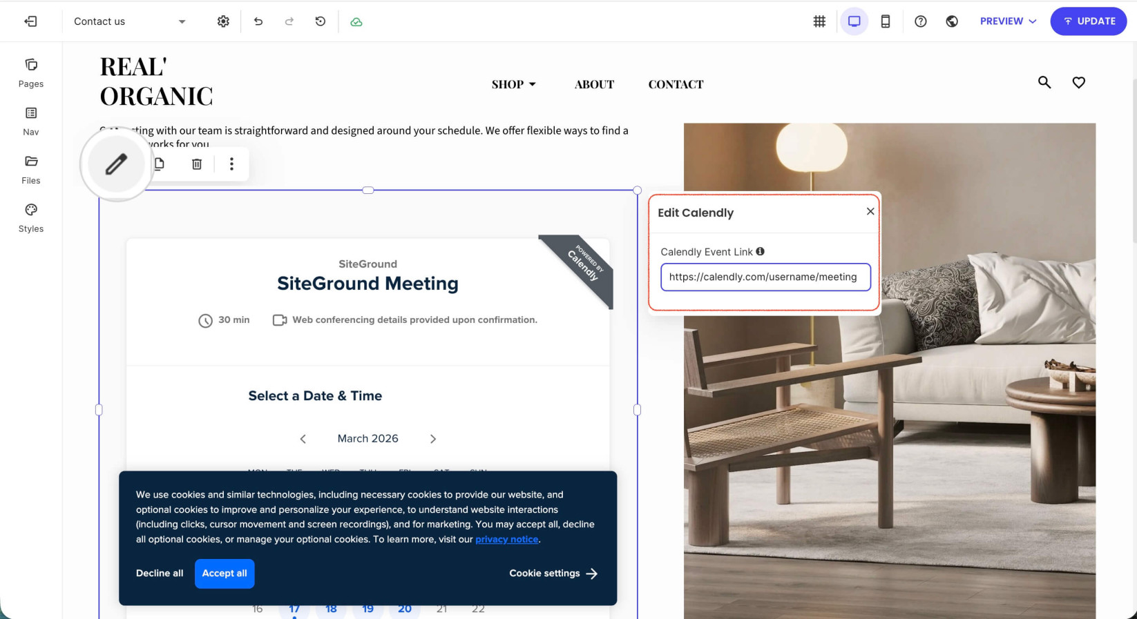 A page in Website Builder with a selected Calendly component displaying editing options