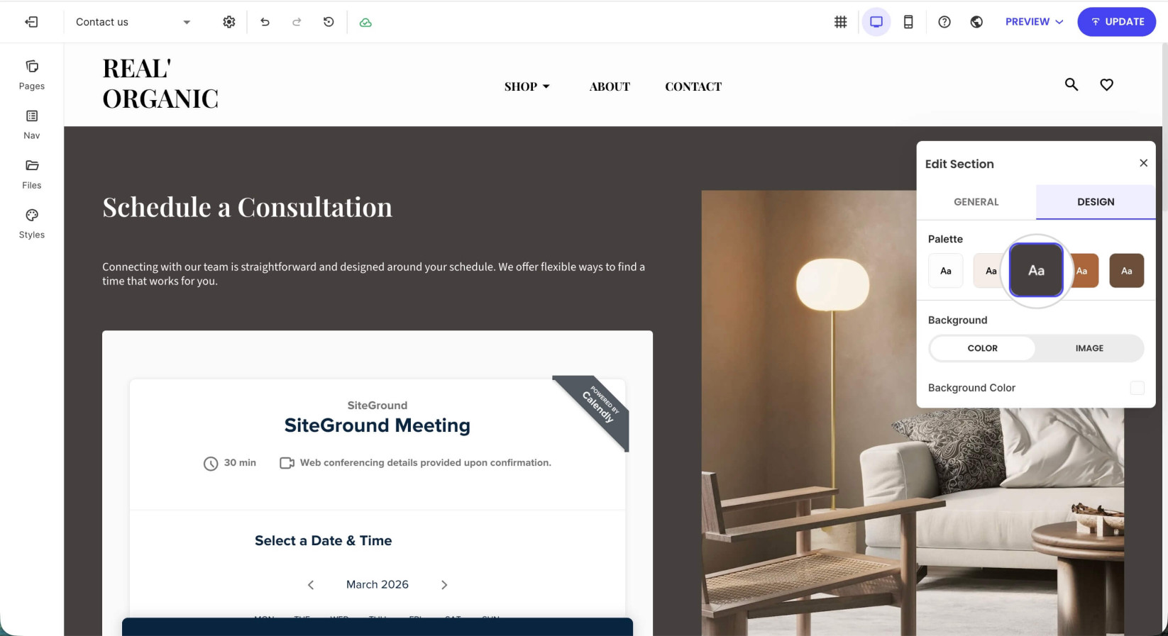 Calendly section in Website Builder displaying its editing options