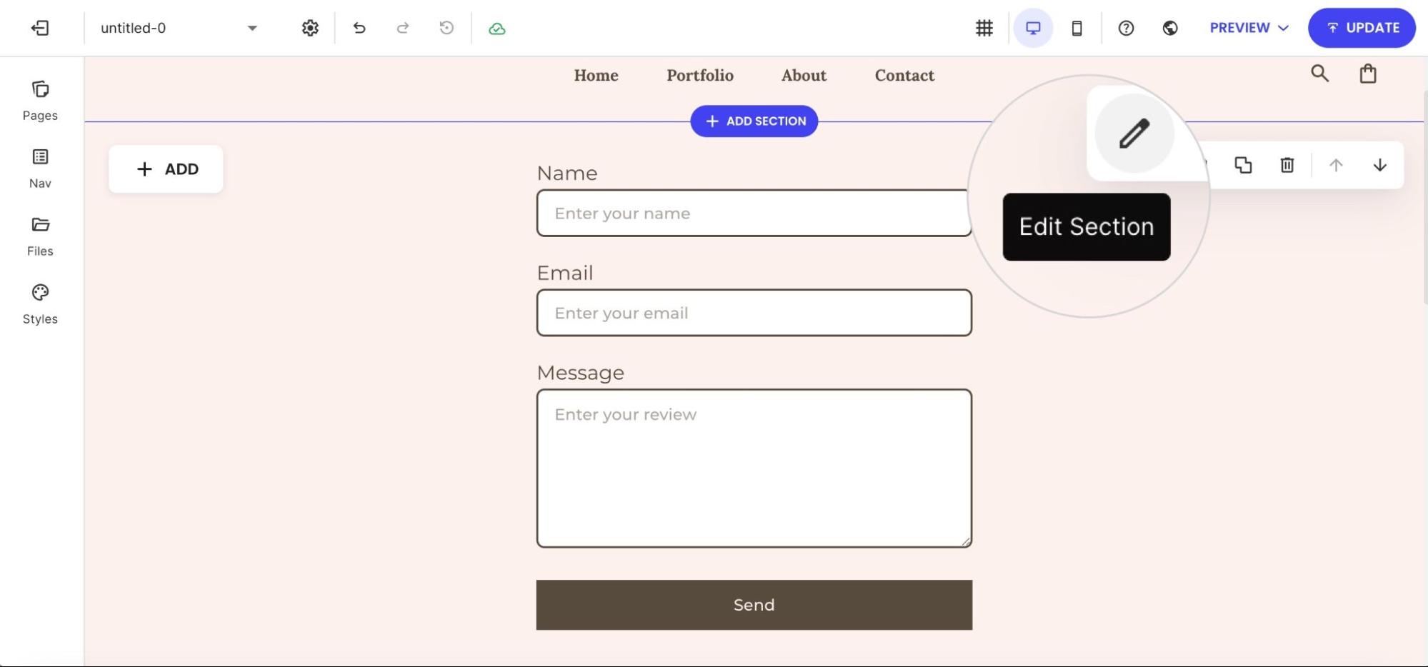 Interface for editing a website form section with fields for name, email, and message on a light pink background.