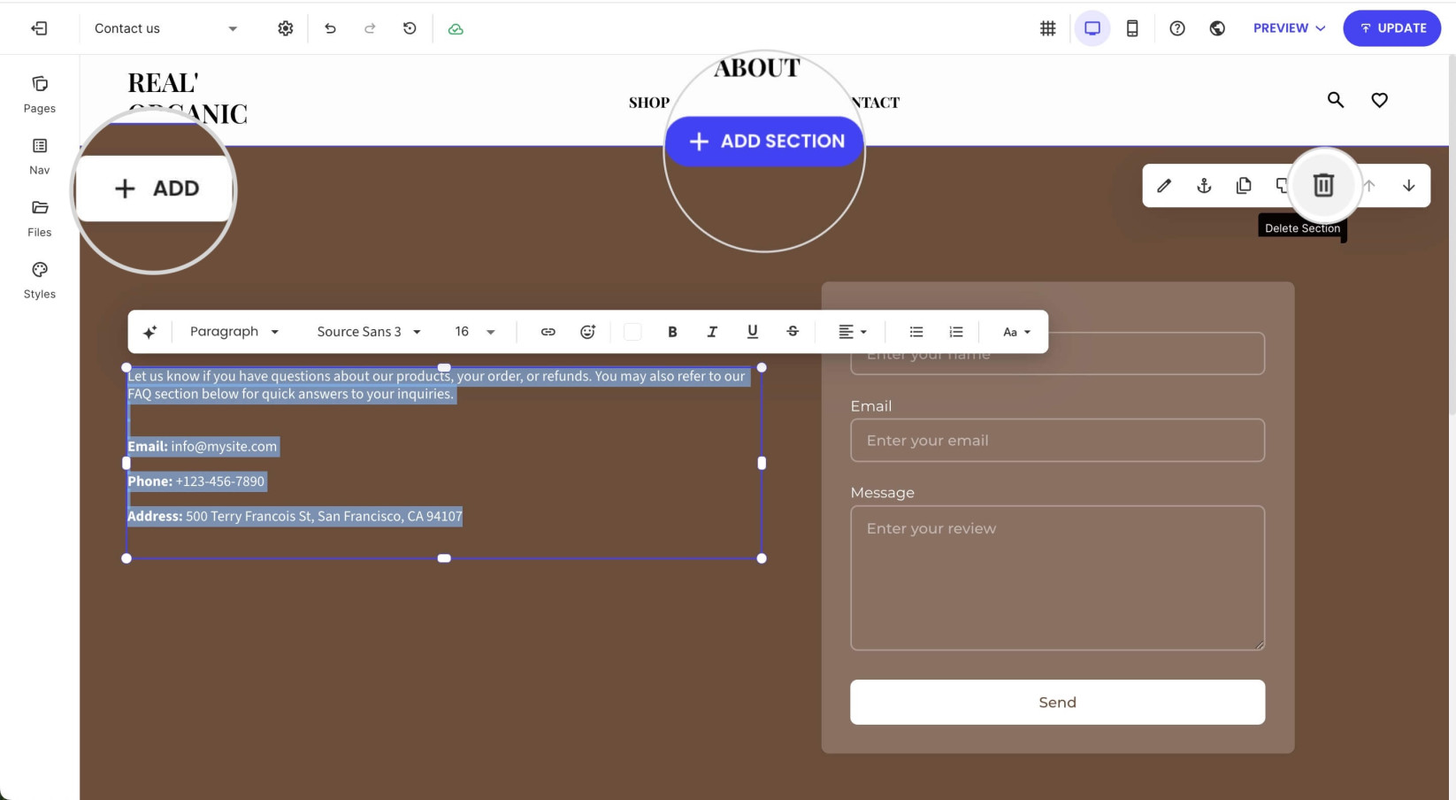Editing options for the Contact Us page in Website Builder