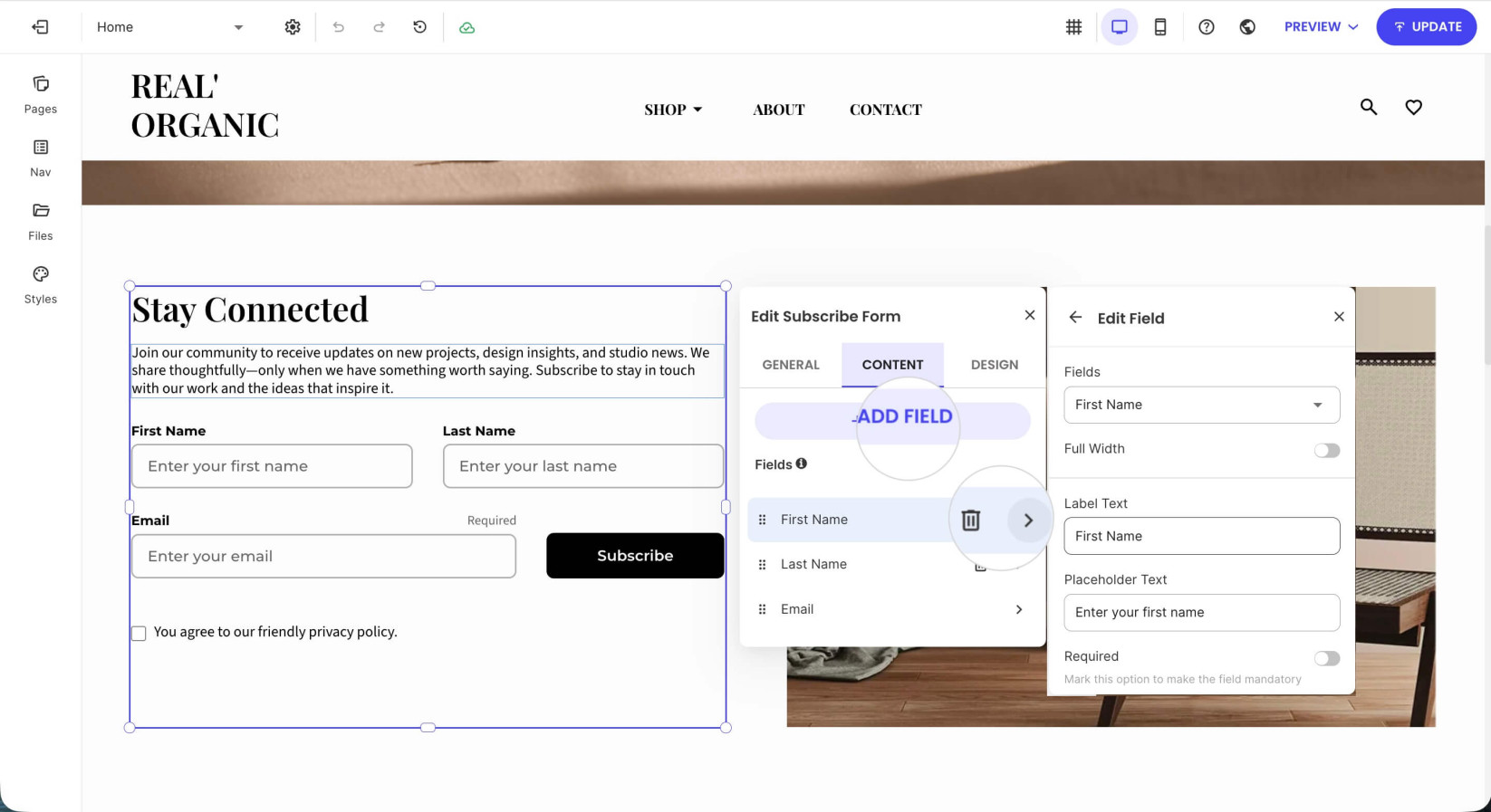 Content settings of a subscription form where you can add, remove or edit the form fields