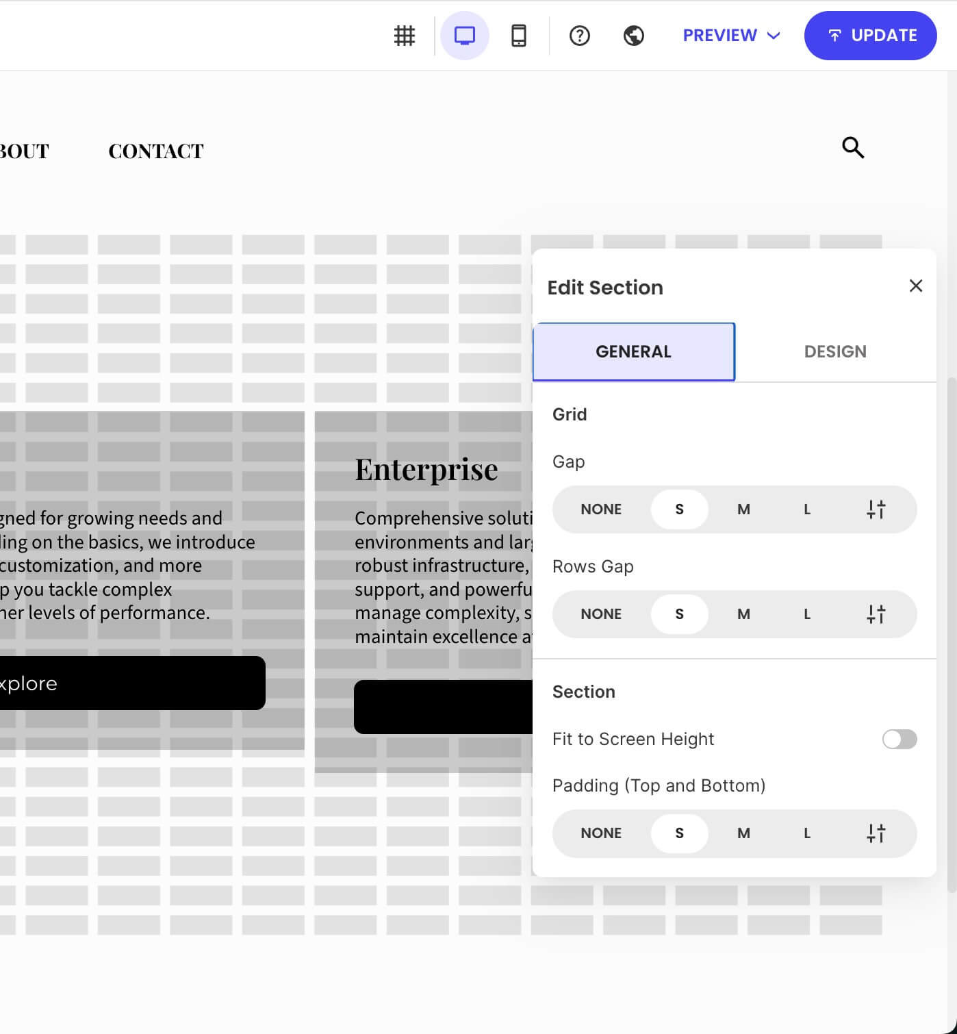 A section's settings window where you can change the appearance and design