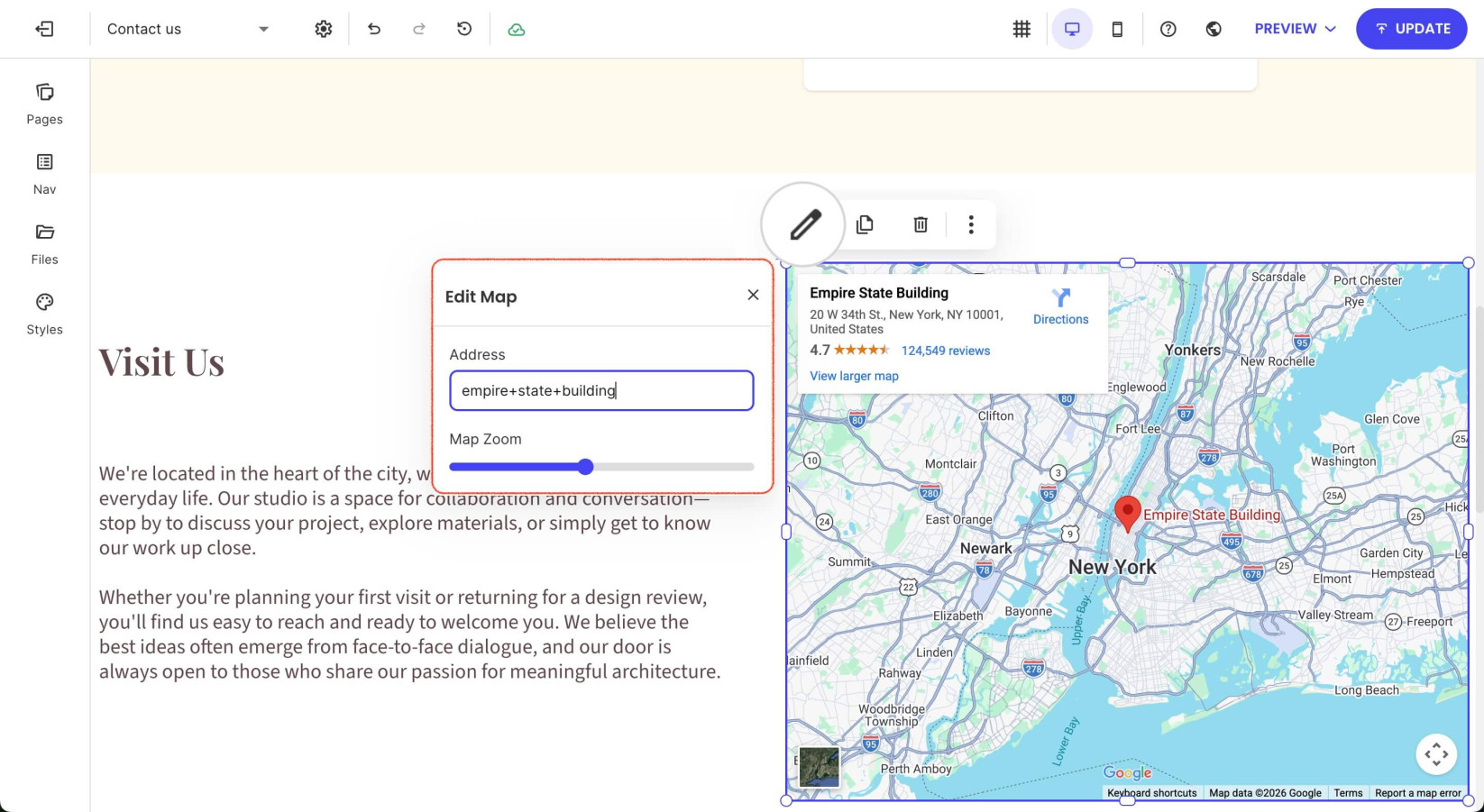 Selected map component displaying the map address and zoom settings
