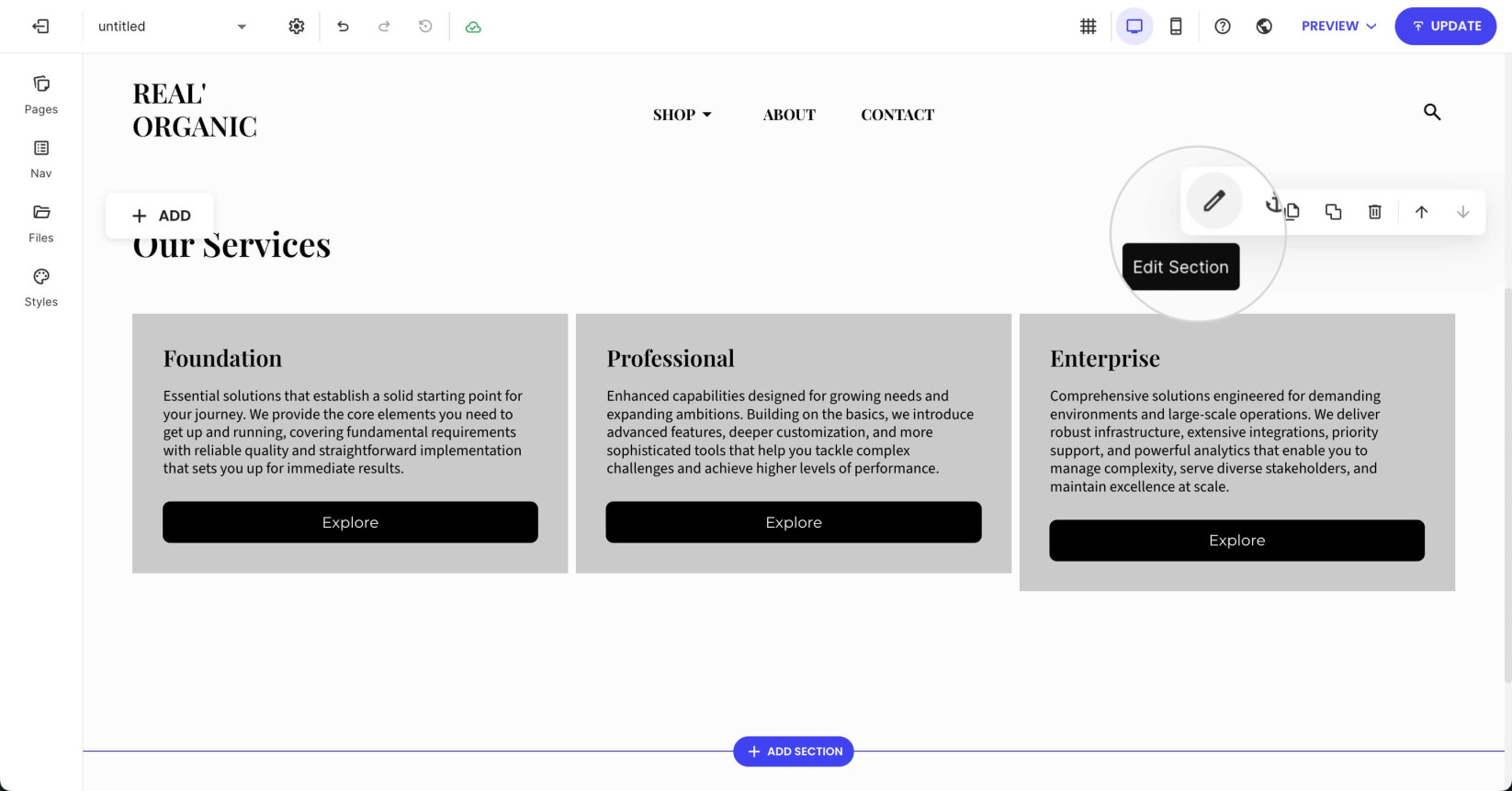 Selected section of a page in Website Builder displaying the Edit Section button from the section's toolbar